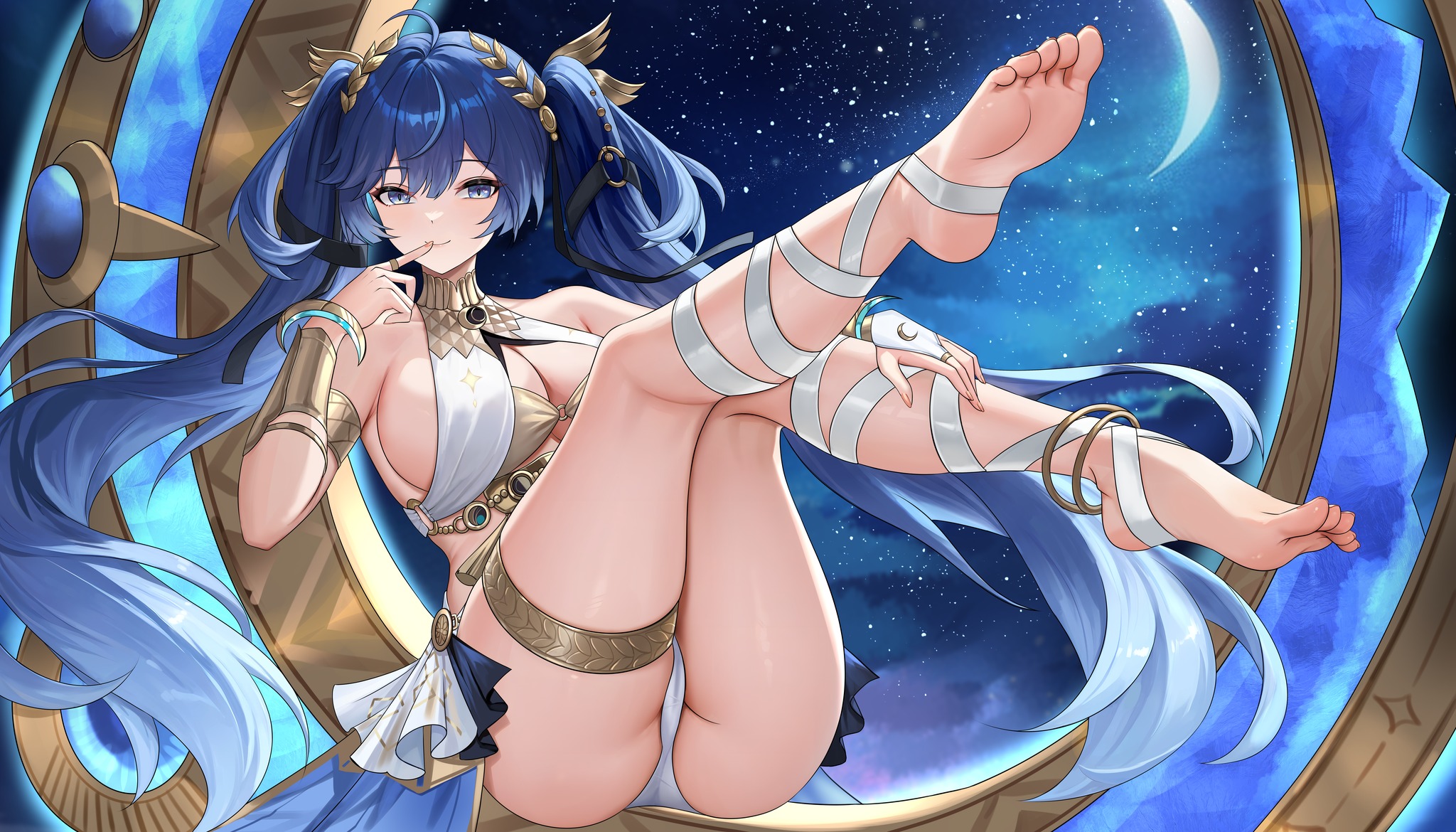 lopy, iuno (wuthering waves), wuthering waves, chinese commentary, commentary, highres, second-party source, 1girl, ahoge, alternate breast size (larger), ancient greek clothes, anklet, armlet, bare shoulders, barefoot, black skirt, blue eyes, blue hair, breasts, cleavage, closed mouth, feet, feet up, finger to mouth, full body, gold bra, gradient hair, greco-roman clothes, hair belt, hair ornament, hand up, head wreath, jewelry, kneepits, large breasts, leg wrap, light blush, long hair, looking at viewer, miniskirt, multicolored hair, night, night sky, outdoors, showgirl skirt, sideboob, sitting, skirt, sky, smile, soles, solo, star (sky), starry sky, streaked hair, thighlet, thighs, toenails, toes, twintails, very long hair
