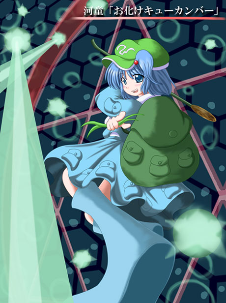 kawashiro nitori, mountain of faith, touhou, bad id, bad pixiv id, jpeg artifacts, 1girl, backpack, bag, danmaku, female focus, honeycomb (pattern), honeycomb background, honeycomb pattern, randoseru, solo, spell card, two side up