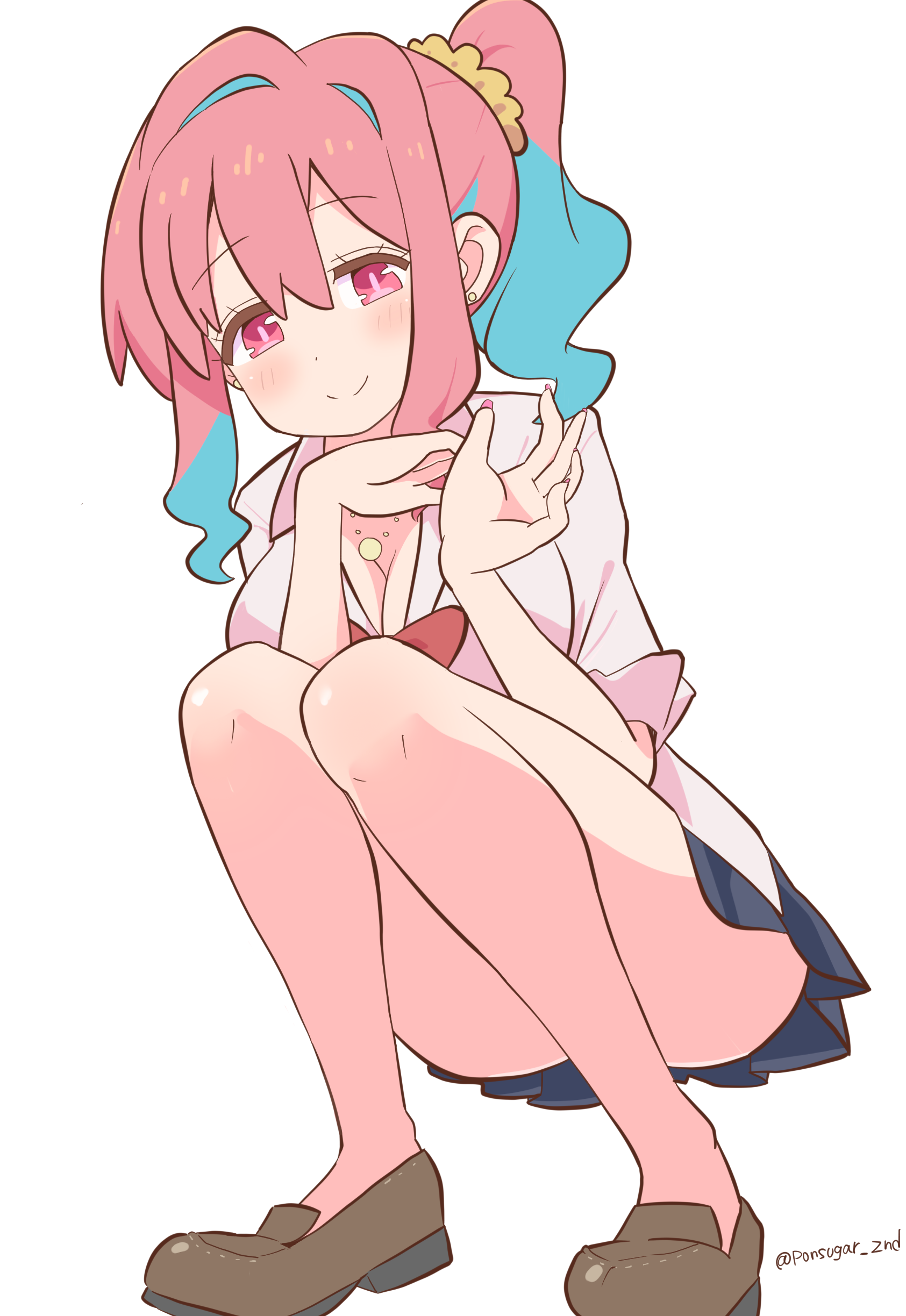 pon sugar, hozuki kaede, onii-chan wa oshimai!, absurdres, commentary, highres, 1girl, artist name, ass, bare arms, bare legs, black skirt, blue hair, blush, bow, bowtie, breasts, brown shoes, cleavage, convenient leg, dot nose, earrings, fingernails, full body, gyaru, hair between eyes, hair ornament, hair scrunchie, jewelry, kogal, large breasts, loafers, long fingernails, long hair, looking at viewer, miniskirt, multicolored hair, nail polish, necklace, pink eyes, pink hair, pink nails, pleated skirt, ponytail, red bow, red bowtie, scrunchie, shirt, shoes, sidelocks, simple background, skirt, sleeves rolled up, smile, solo, squatting, stud earrings, twitter username, two-tone hair, white background, white shirt