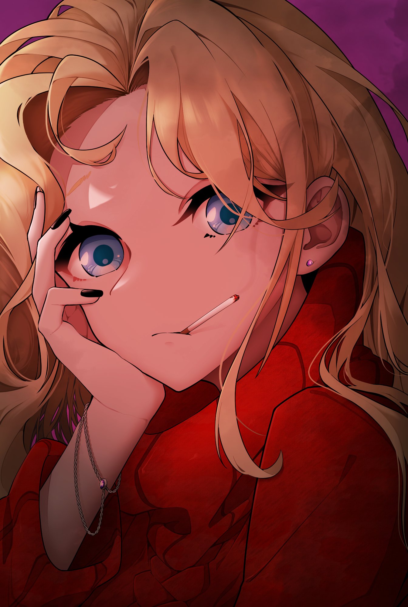 c jung8, indie virtual youtuber, commentary, highres, jpeg artifacts, symbol-only commentary, 1girl, black nails, blonde hair, blue eyes, chain, chain bracelet, curtained hair, earrings, fingernails, forehead, hand on own cheek, hand on own face, hand up, jewelry, lollipop in mouth, long hair, long sleeves, looking at viewer, nail polish, red sweater, ribbed sweater, solo, stud earrings, sweater, turtleneck, turtleneck sweater, upper body, virtual youtuber, wizliorkaa