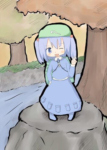 kawashiro nitori, touhou, lowres, 1girl, ;d, autumn, blue dress, blue eyes, blue hair, blush, dress, female focus, grass, long sleeves, looking at viewer, matching hair/eyes, one eye closed, open mouth, outdoors, river, rock, shore, smile, solo, standing, two side up, water