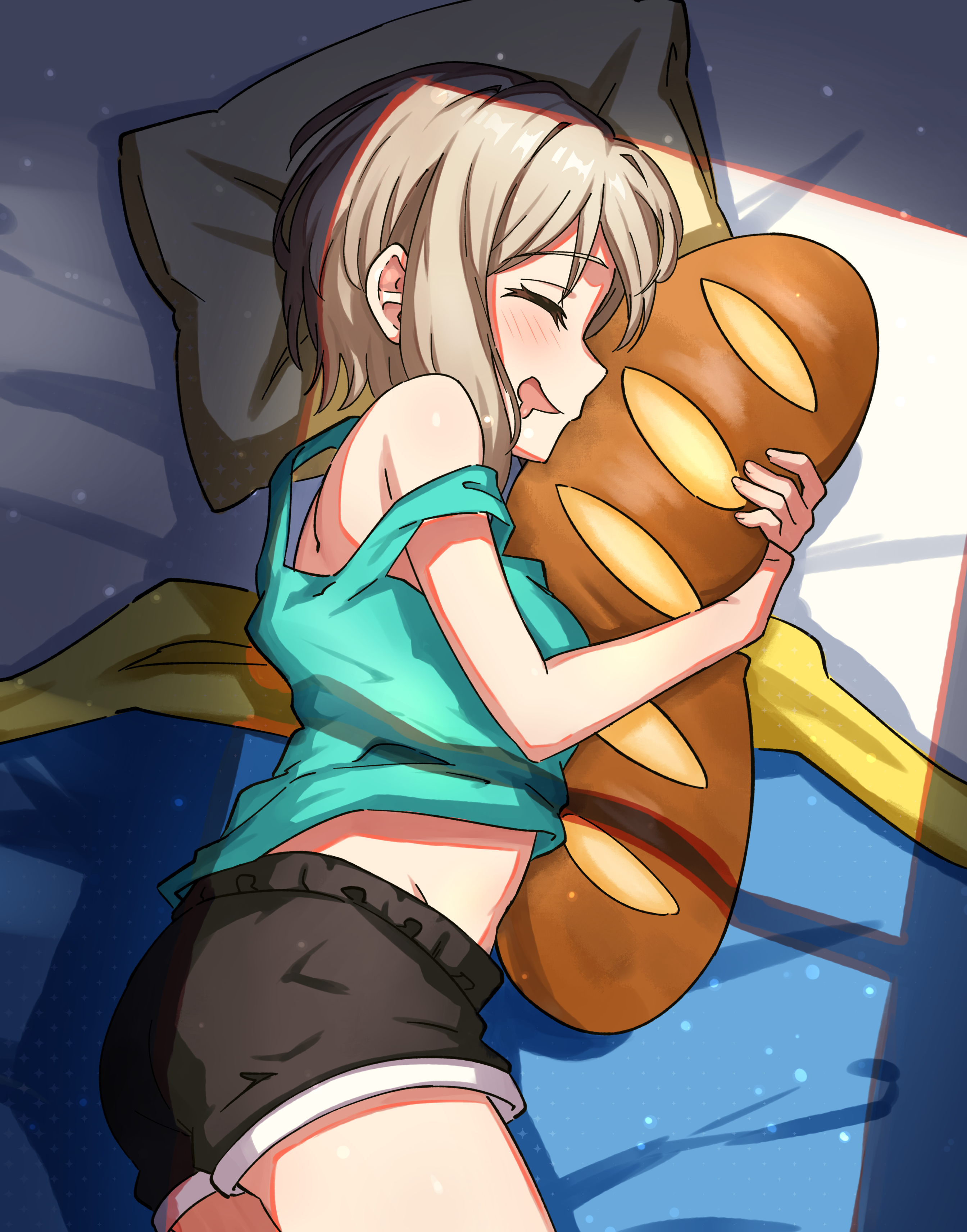 junji 17, aoba moca, bang dream!, absurdres, commentary, highres, 1girl, aqua tank top, black shorts, blush, breasts, closed eyes, drooling, grey hair, hugging object, light particles, medium breasts, midriff, mouth drool, open mouth, pillow, pillow hug, short hair, shorts, solo, tank top