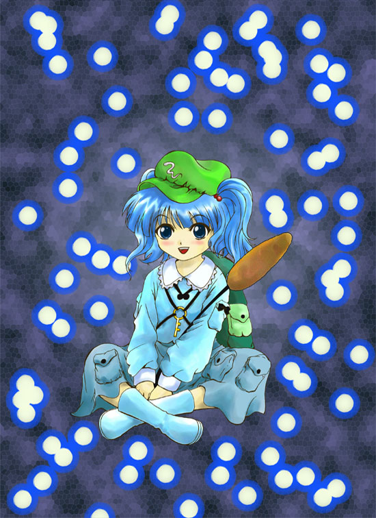 kawashiro nitori, touhou, bad id, bad pixiv id, 1girl, cat tail, danmaku, female focus, hat, solo, tail, two side up