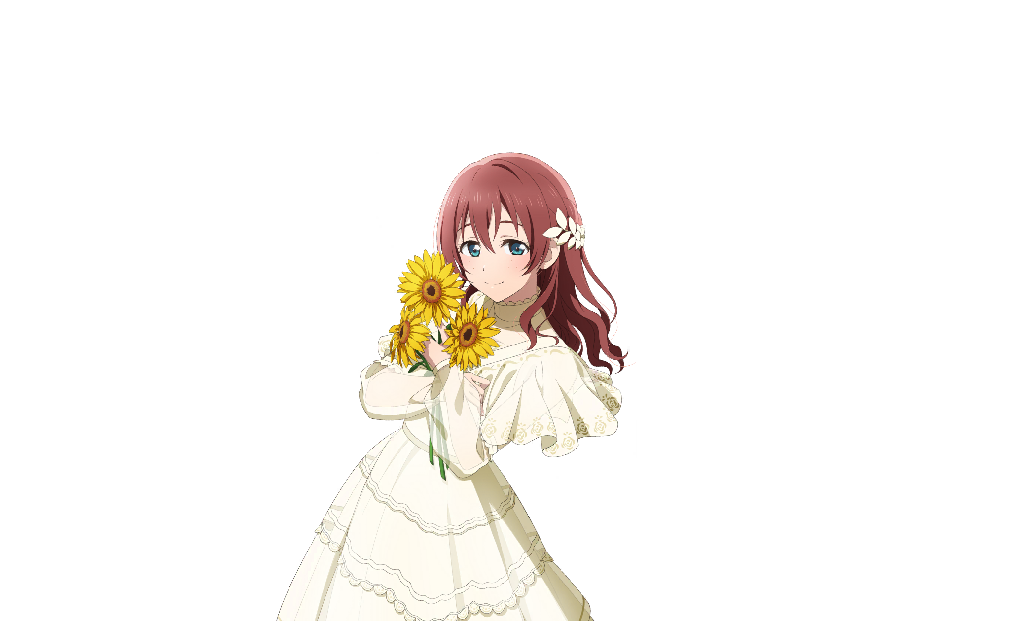 emma verde, love live!, love live! nijigasaki high school idol club, love live! school idol festival 2, highres, official art, 1girl, anime coloring, blue eyes, blush, braid, breasts, brown hair, closed mouth, cowboy shot, crossed arms, dress, flower, freckles, hair between eyes, hair ornament, half up braid, half updo, hands up, holding, holding flower, long hair, long sleeves, looking at viewer, looking to the side, official alternate costume, official alternate hairstyle, see-through clothes, see-through dress, smile, solo, standing, sunflower, transparent background, turtleneck, turtleneck dress, wavy hair, white dress, yellow flower