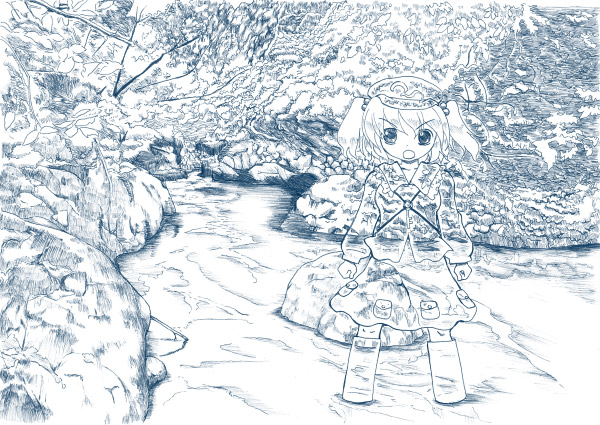 kawashiro nitori, touhou, 1girl, arms at sides, blue theme, camouflage, female focus, monochrome, outdoors, solo, two side up, wading