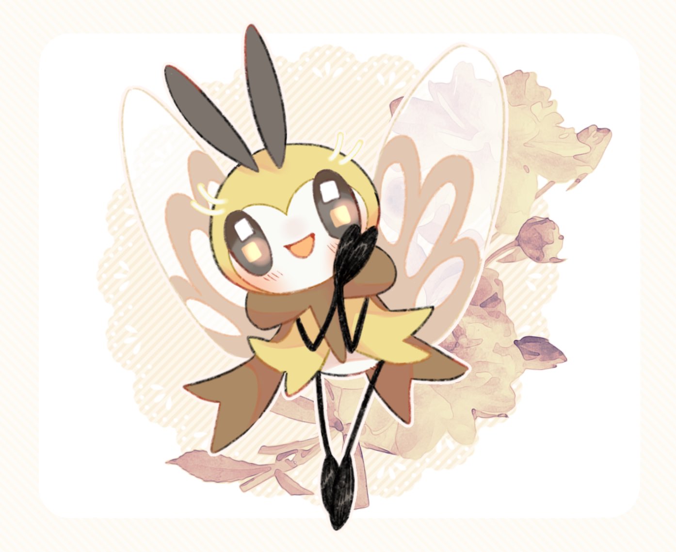 em ivy akippoi, ribombee, nintendo, pokemon, commentary, symbol-only commentary, flower, full body, gen 7 pokemon, looking at viewer, no humans, open mouth, own hands together, pokemon (creature), smile, yellow theme