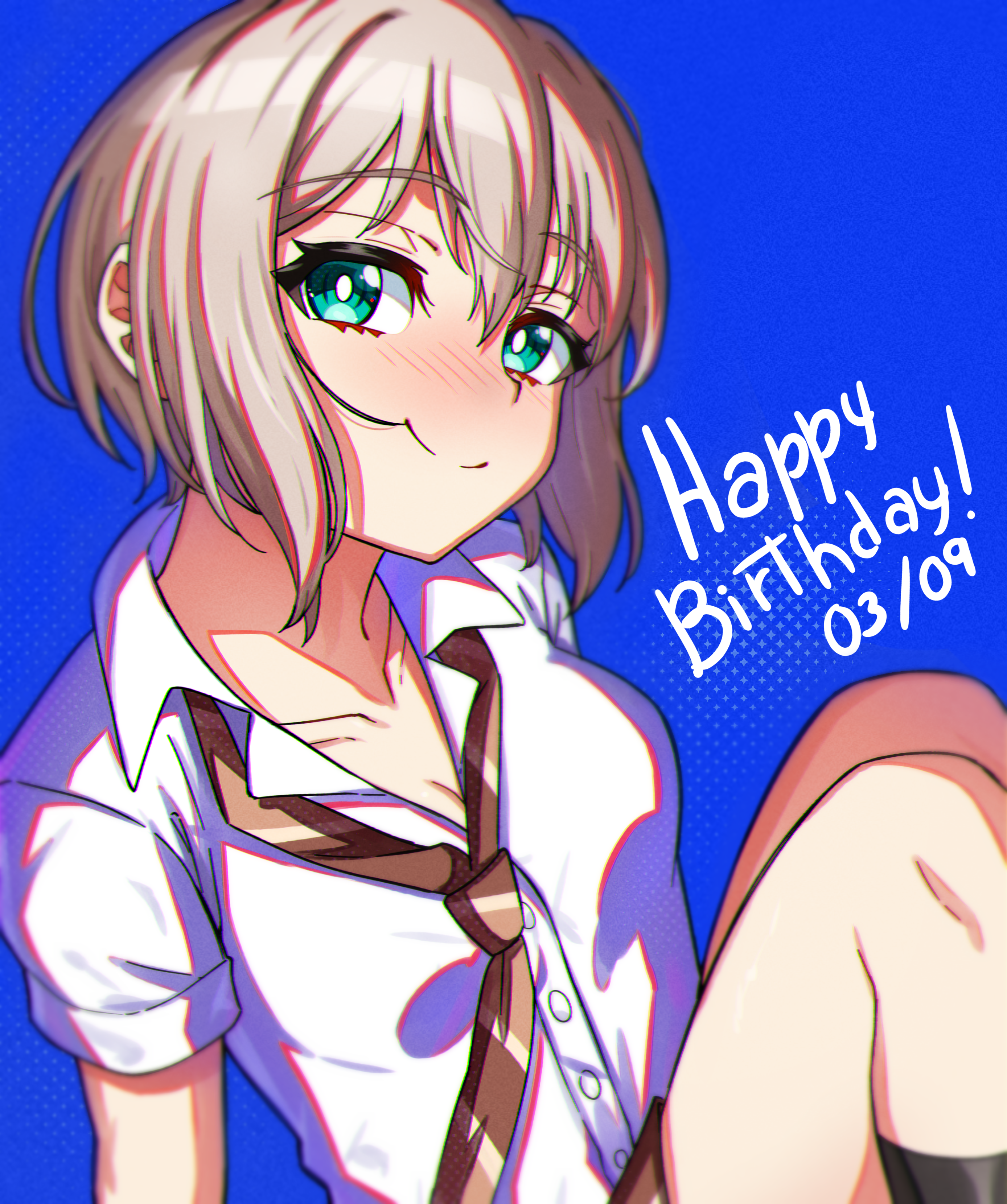 junji 17, aoba moca, bang dream!, absurdres, commentary, english commentary, highres, 1girl, aqua eyes, blue background, blush, breasts, brown necktie, cleavage, collared shirt, dated, diagonal-striped clothes, diagonal-striped necktie, dress shirt, english text, grey hair, haneoka school uniform, happy birthday, looking at viewer, medium breasts, necktie, school uniform, shirt, short hair, solo, striped clothes, white shirt