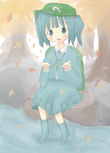 kawashiro nitori, touhou, lowres, 1girl, :o, backpack, bag, blue dress, blue eyes, blue hair, blush, dress, fall, female focus, hat, key, leaf, long sleeves, looking at viewer, matching hair/eyes, outdoors, parted lips, plant, randoseru, river, rock, shore, solo, tree, two side up, water