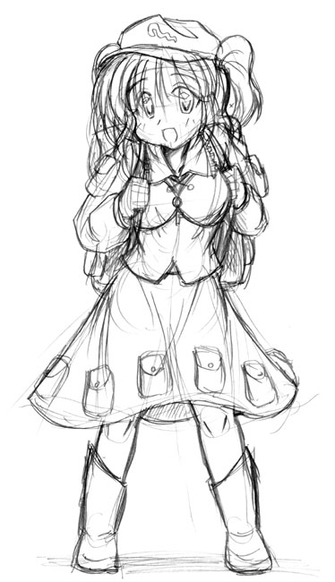 kawashiro nitori, touhou, bad id, bad pixiv id, 1girl, female focus, greyscale, monochrome, sketch, solo, two side up