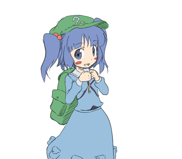 kawashiro nitori, touhou, 1girl, backpack, bag, blue eyes, blue hair, blush stickers, female focus, hair bobbles, hair ornament, hat, key, matching hair/eyes, own hands together, short hair, simple background, smile, solo, twintails, two side up, white background