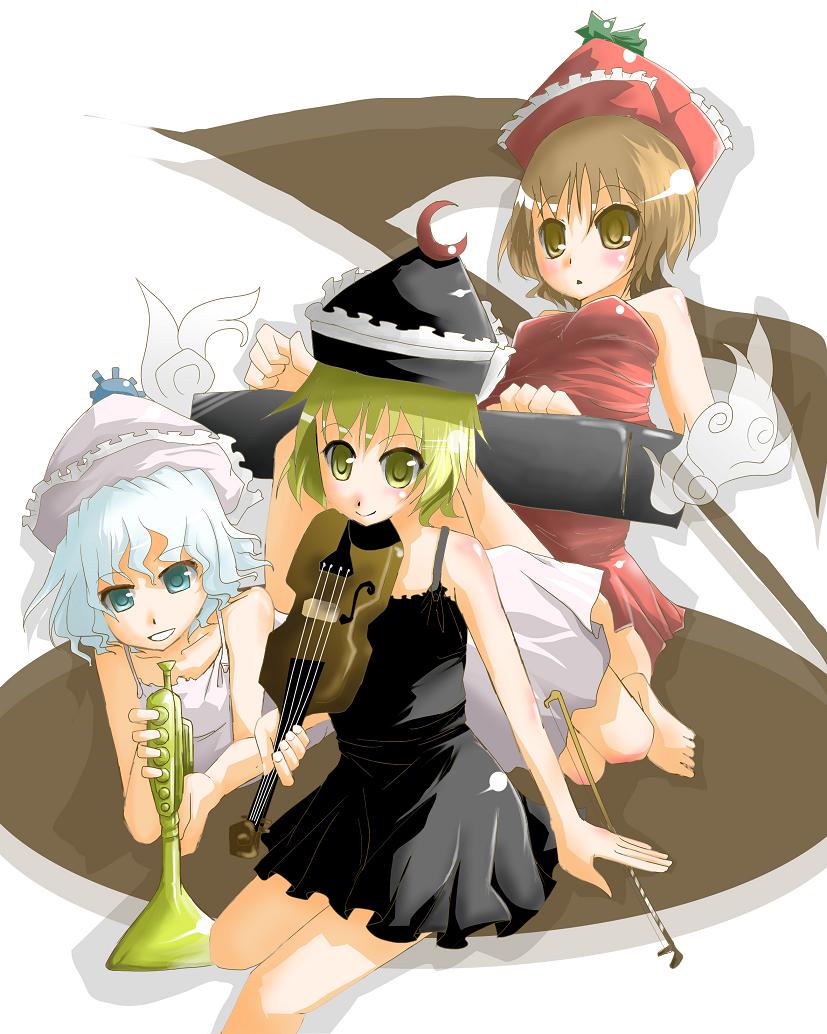arano oki, saba miso, lunasa prismriver, lyrica prismriver, merlin prismriver, touhou, 3girls, aqua eyes, blonde hair, blue hair, bow (music), brown eyes, brown hair, dress, female focus, hat, instrument, keyboard (instrument), multiple girls, siblings, sisters, trumpet, violin, yellow eyes