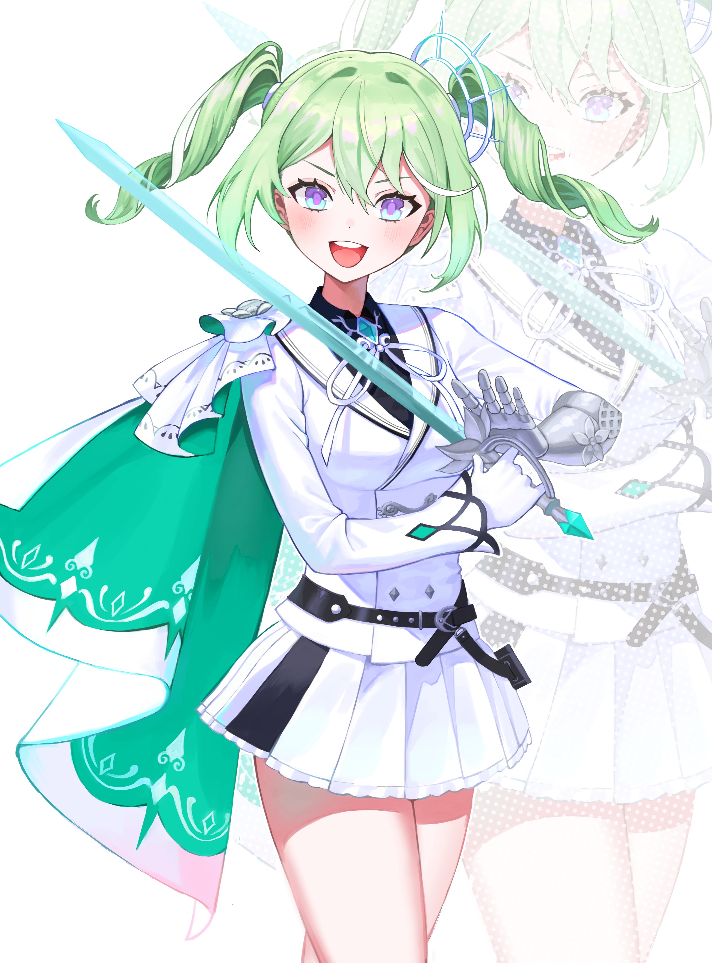 poni13101, yuzuha riko, stellive, absurdres, commentary request, highres, korean commentary, 1girl, belt, black belt, black shirt, breasts, cape, cowboy shot, gauntlets, gloves, green hair, hair between eyes, holding, holding sword, holding weapon, long bangs, long sleeves, looking at viewer, medium hair, miniskirt, multicolored cape, multicolored hair, neck ribbon, open mouth, pleated skirt, purple eyes, ribbon, shirt, skirt, sky, smile, solo, standing, streaked hair, sword, twintails, v-shaped eyebrows, virtual youtuber, weapon, white background, white gloves, white ribbon, white sky, white streaks, zoom layer