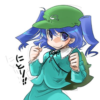 kawashiro nitori, touhou, bad id, bad pixiv id, lowres, 1girl, backpack, bag, blue eyes, blue hair, blush, character name, collar, dress, female focus, flat cap, green dress, hat, key, long sleeves, looking at viewer, matching hair/eyes, smile, solo, two side up, upper body