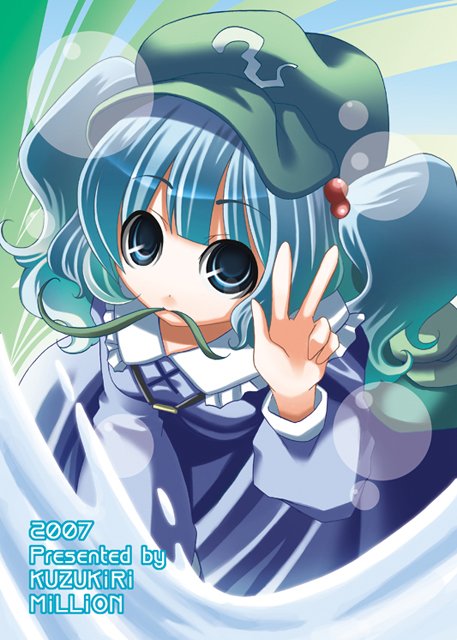 kawashiro nitori, touhou, 00s, 1girl, 2007, backpack, bag, blue eyes, blue hair, female focus, hair bobbles, hair ornament, hat, matching hair/eyes, mouth hold, short hair, solo, twintails, two side up, v