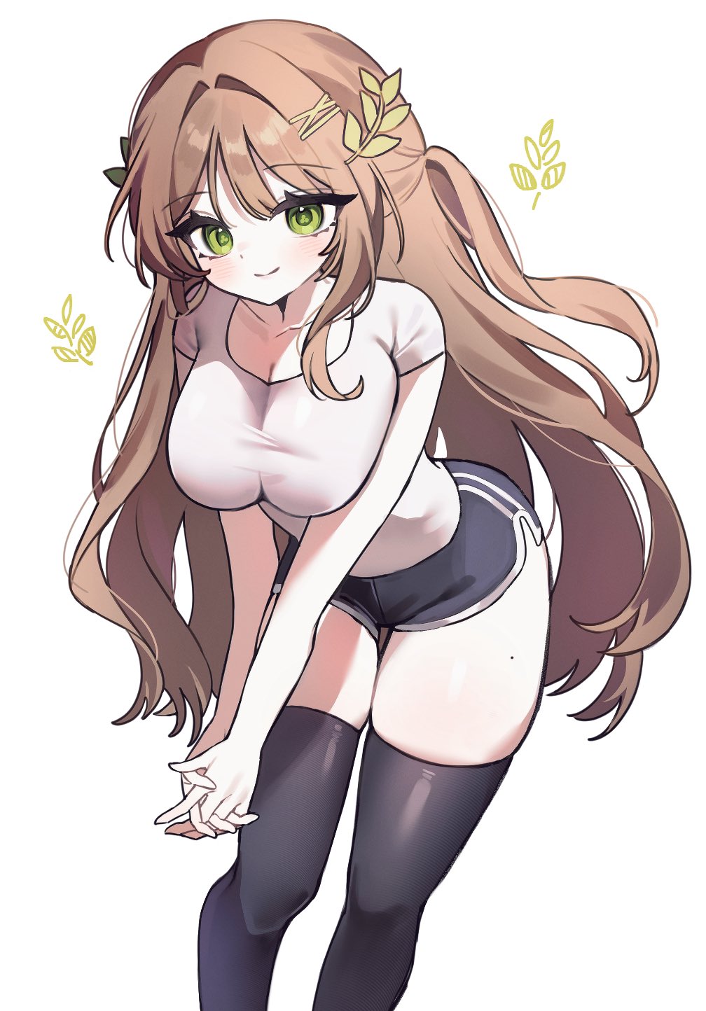 lumia riri, gweon sua, black survival, eternal return: black survival, highres, 1girl, black shorts, black thighhighs, breasts, brown hair, bump (volleyball), cleavage, collarbone, dolphin shorts, double-parted bangs, facing viewer, feet out of frame, flower-shaped pupils, green eyes, gym shirt, gym uniform, hair between eyes, hair intakes, hair ornament, half updo, large breasts, leaf hair ornament, light blush, long hair, looking at viewer, mole, mole on thigh, own hands together, ponytail, shirt, short sleeves, shorts, simple background, skindentation, smile, solo, symbol-shaped pupils, taut clothes, taut shirt, thighhighs, very long hair, white background, white shirt, x hair ornament, zettai ryouiki