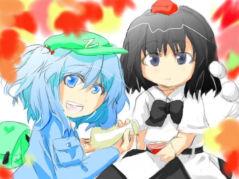 kawashiro nitori, shameimaru aya, touhou, 2girls, backpack, bag, belt, black bow, black bowtie, black hair, black skirt, blue dress, blue eyes, blue hair, bow, bowtie, cowboy shot, dress, female focus, flat cap, hat, long sleeves, looking at viewer, multiple girls, puffy short sleeves, puffy sleeves, shirt, short sleeves, sketch, skirt, tokin hat, two side up, white shirt