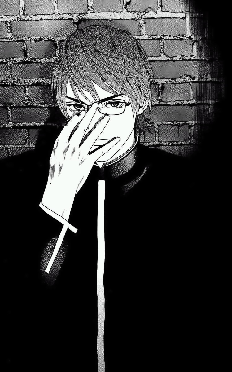 kaneshiro hokuto, rosario+vampire, highres, 00s, 1boy, adjusting eyewear, against wall, evil smile, glasses, long hair, looking at viewer, male focus, parted lips, smile, solo, upper body