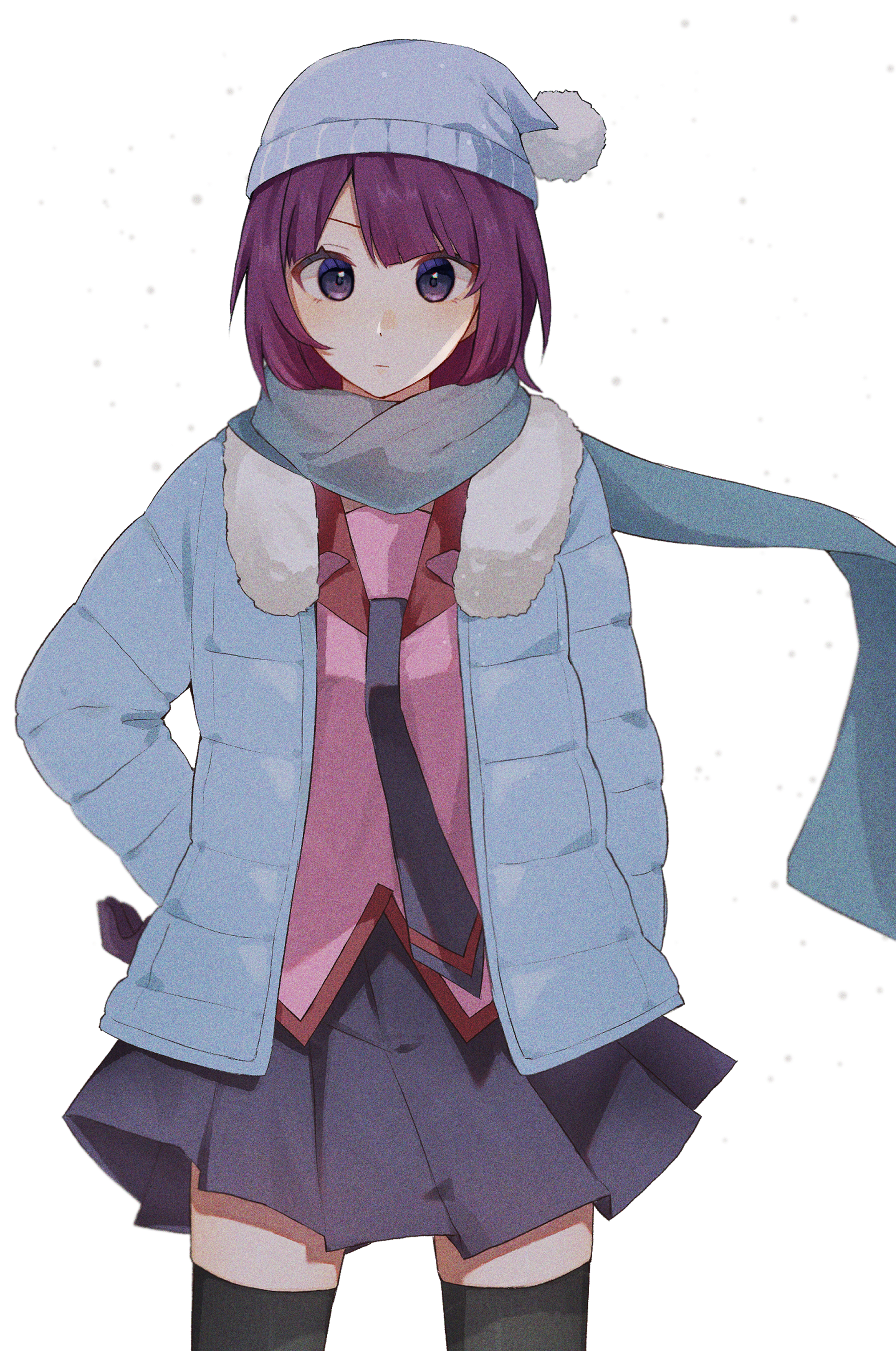 sao (55 nyu), senjougahara hitagi, monogatari (series), absurdres, highres, 1girl, arm at side, beanie, black gloves, black necktie, blue coat, blue scarf, closed mouth, coat, collared shirt, cowboy shot, dot nose, expressionless, eyebrows hidden by hair, fur-trimmed coat, fur trim, gloves, hand on own hip, hat, lapels, long sleeves, looking at viewer, medium hair, naoetsu high school uniform, necktie, open clothes, open coat, pink shirt, pleated skirt, pom pom (clothes), pom pom beanie, purple eyes, purple hair, scarf, school uniform, shirt, skirt, snowing, solo, standing, straight hair, swept bangs, thighhighs, white background, wind, winter clothes, winter coat