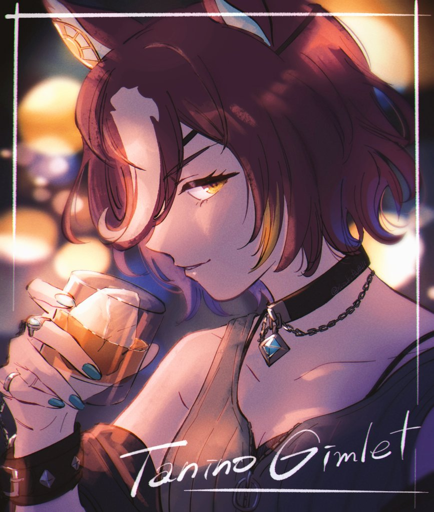 yuzuki v, tanino gimlet (umamusume), umamusume, 1girl, animal ears, bare shoulders, blurry, blurry background, breasts, brown eyes, brown hair, character name, cleavage, collarbone, cup, depth of field, drink, drinking glass, eyepatch, grey shirt, hair over one eye, hand up, holding, holding cup, horse ears, looking at viewer, multicolored hair, parted lips, shirt, sleeveless, sleeveless shirt, small breasts, solo, streaked hair, upper body, white hair