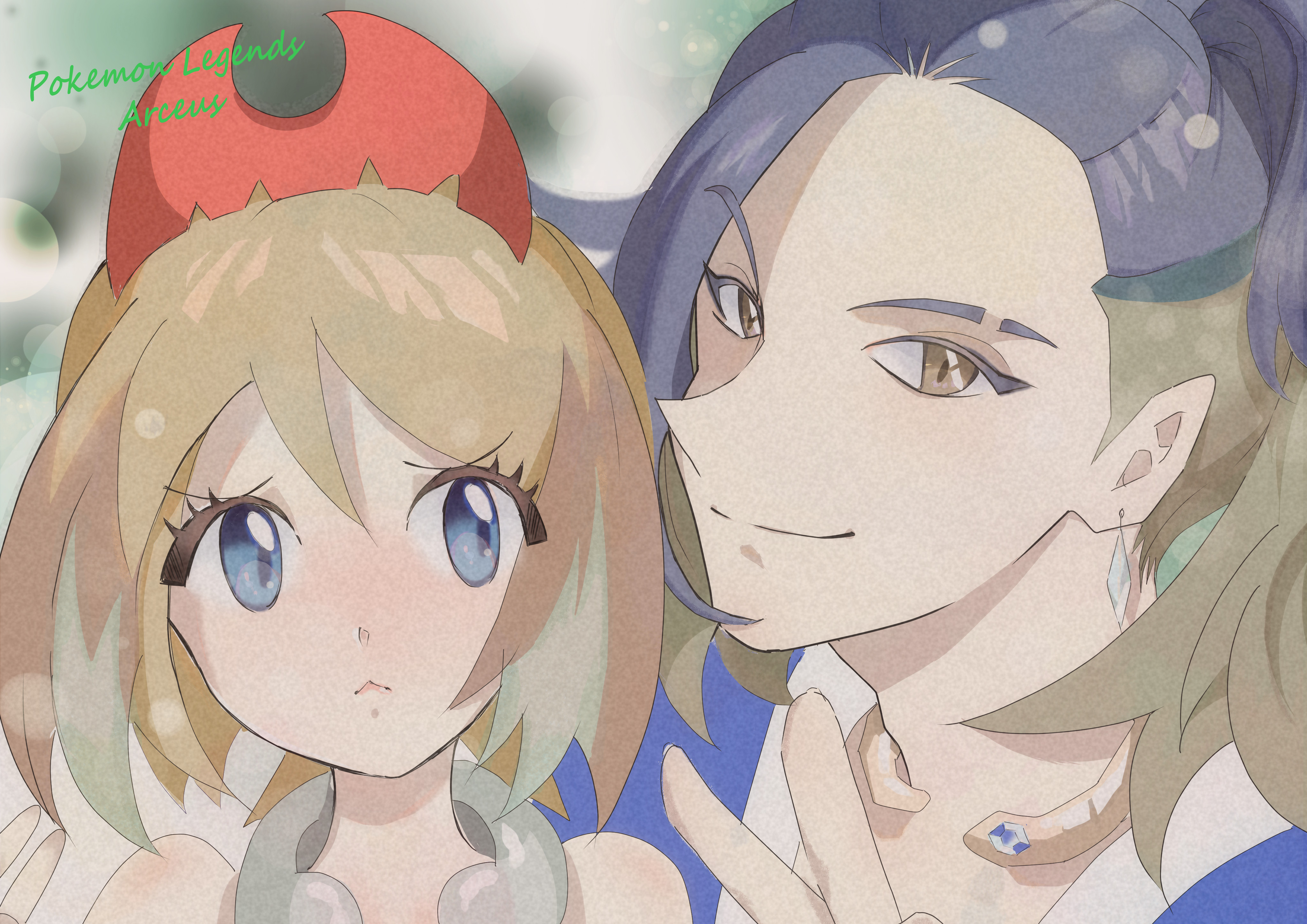 adaman (pokemon), irida (pokemon), nintendo, pokemon, pokemon legends: arceus, absurdres, highres, 1boy, 1girl, blonde hair, blue eyes, blue hair, brown eyes, copyright name, eyebrow cut, light blush, looking at another, looking at viewer, multicolored hair, two-tone hair, ugth3532, upper body