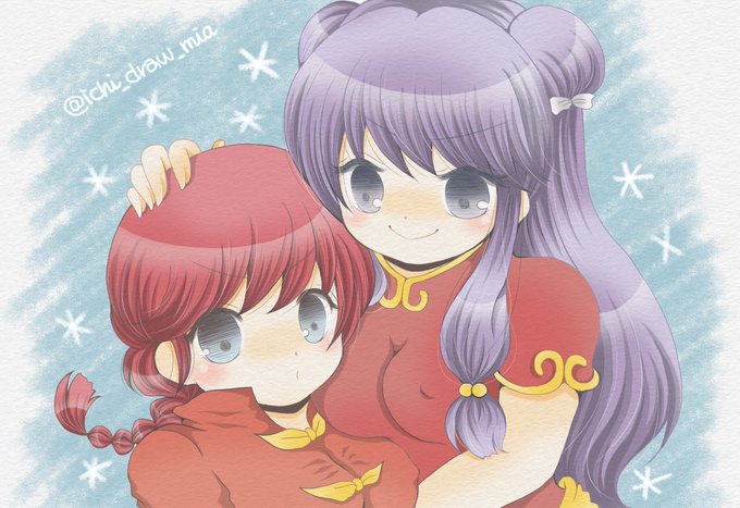 ranma-chan, saotome ranma, shampoo (ranma 1/2), ranma 1/2, 2girls, braid, chinese clothes, double bun, hair bun, long hair, multiple girls, purple hair, red hair, sidelocks, simple background, single braid