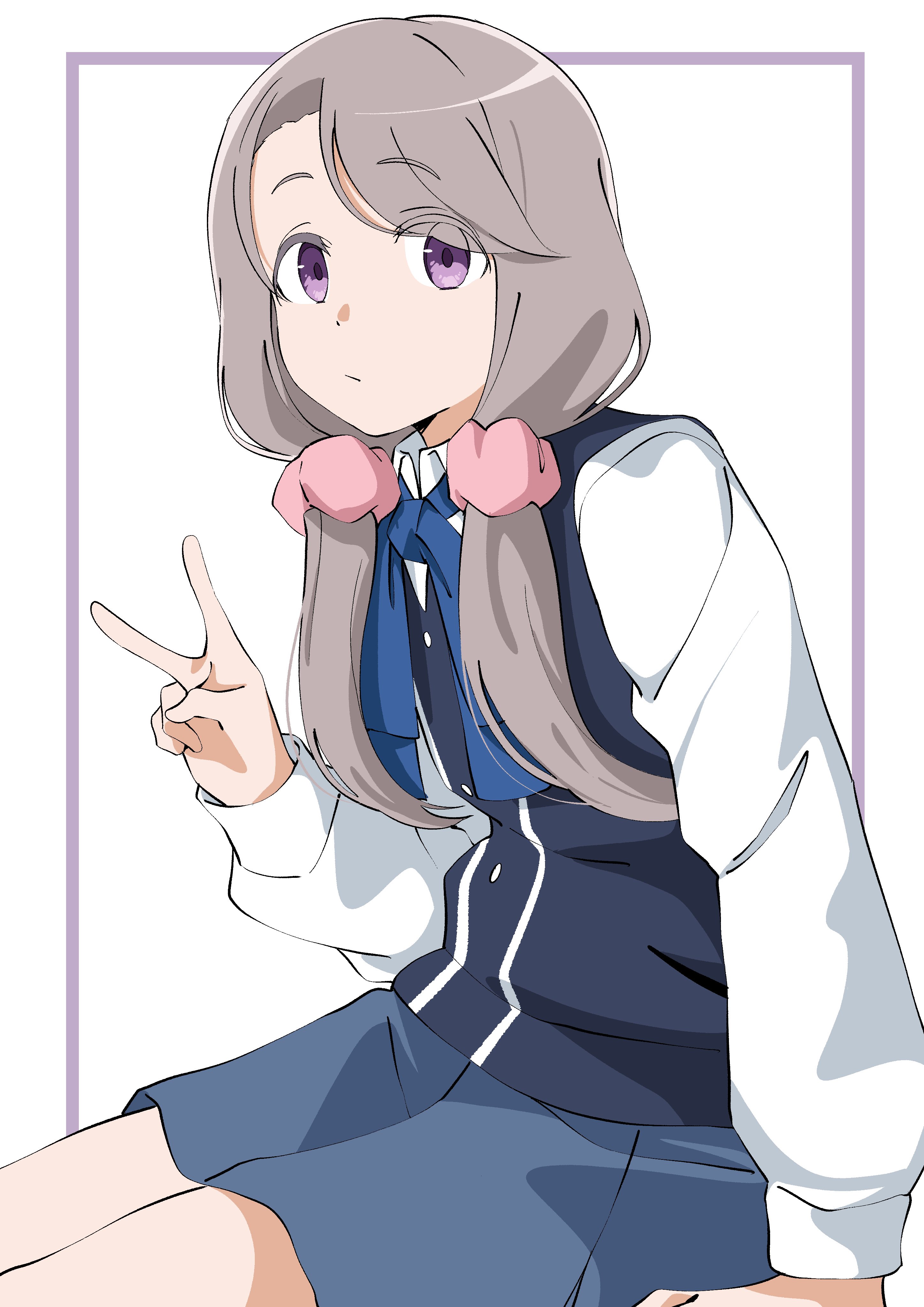 uchuu no mozuku, shikishima sakurako, mono (afro), absurdres, commentary, highres, 1girl, blue ribbon, blue skirt, blue sweater vest, border, closed mouth, expressionless, eyes visible through hair, from side, grey hair, hair over one eye, hair over shoulder, hand up, inset border, long hair, long sleeves, looking at viewer, low twintails, neck ribbon, outside border, pink scrunchie, purple border, purple eyes, ribbon, school uniform, scrunchie, shirt, simple background, sitting, skirt, solo, sweater vest, swept bangs, twintails, v, white background, white shirt