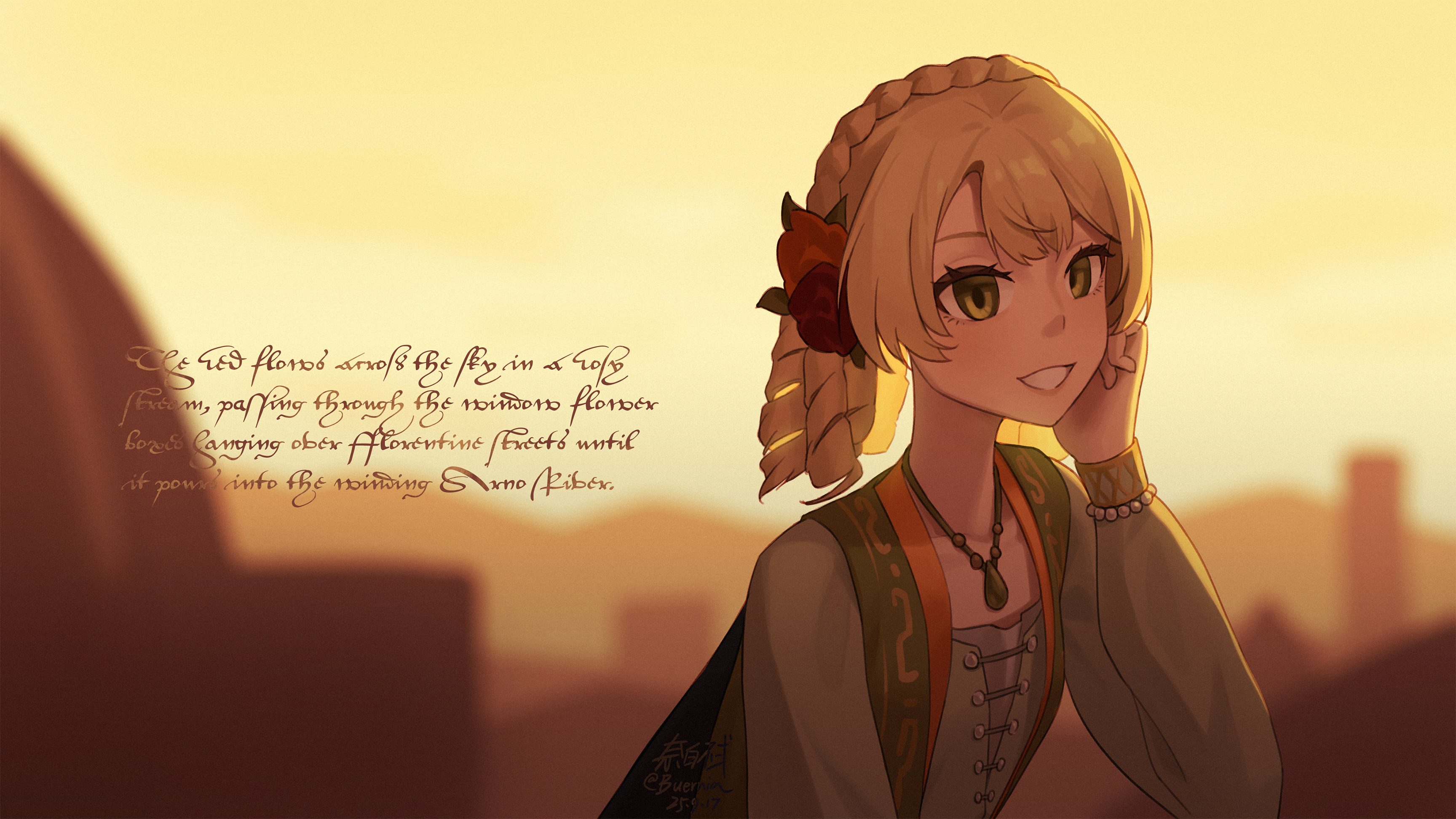 buernia, sotheby, reverse:1999, absurdres, highres, 1girl, adjusting hair, artist name, backlighting, blonde hair, blue cape, blurry, blurry background, braid, building, cape, crown braid, dated, dress, english text, evening, film grain, flower, green dress, green eyes, green robe, grin, hair flower, hair ornament, hand up, jewelry, looking at viewer, medium hair, mountainous horizon, multiple drills, official alternate costume, orange flower, outdoors, pendant, red flower, robe, signature, sky, sleeveless robe, smile, solo, teeth, twitter username, upper body, yellow sky