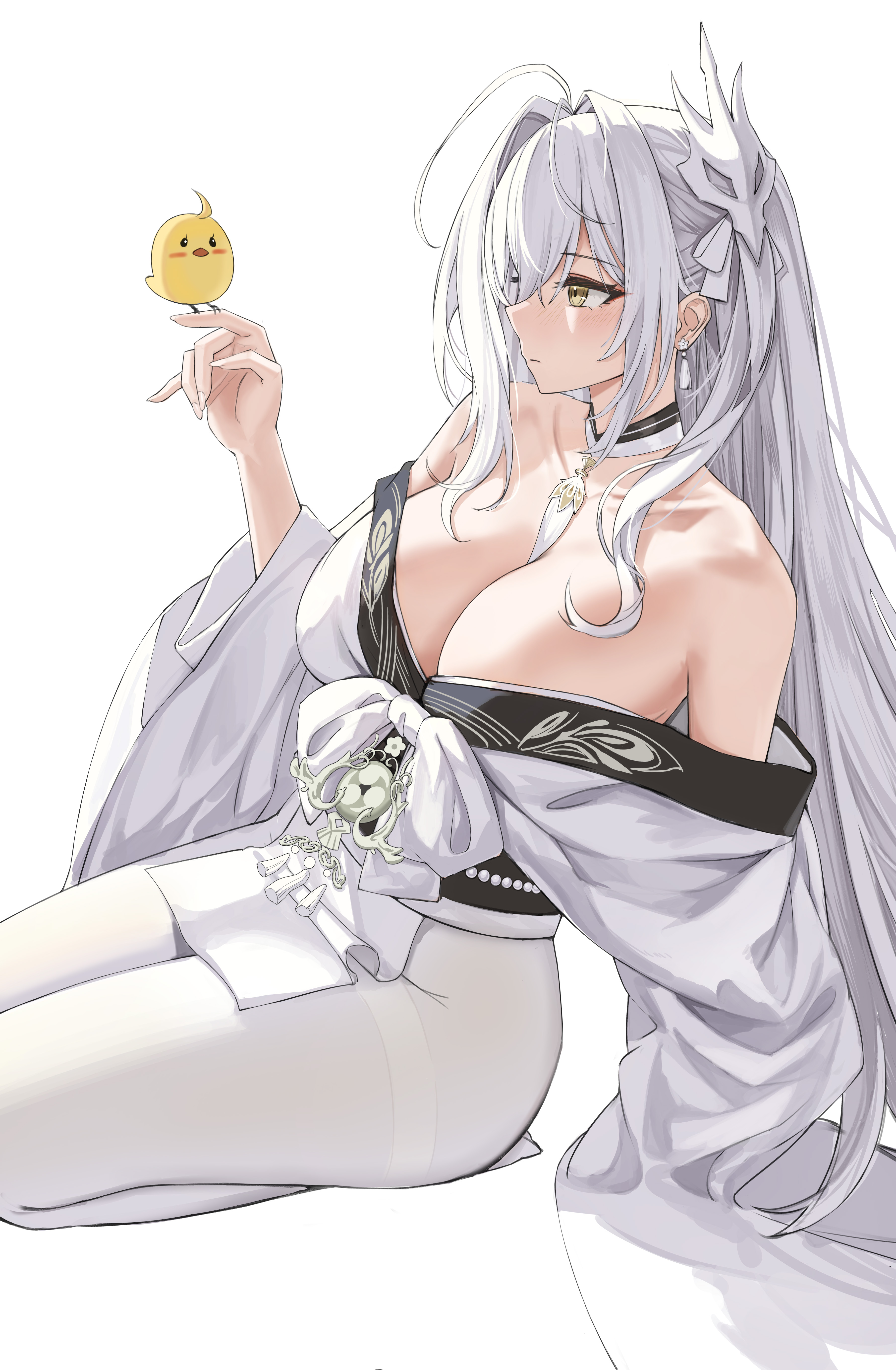 hakuhou (azur lane), manjuu (azur lane), azur lane, absurdres, highres, 1girl, bare shoulders, blush, breasts, cleavage, closed mouth, earrings, hair ornament, hand up, japanese clothes, jewelry, large breasts, long hair, long sleeves, looking at animal, mask, mask on head, off shoulder, pantyhose, simple background, solo, thighband pantyhose, thighs, user971165351, white background, white hair, white pantyhose, wide sleeves, yellow eyes