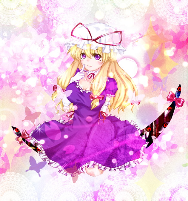 rose red, touri, yakumo yukari, touhou, bad id, bad pixiv id, 1girl, blonde hair, breasts, dress, female focus, gap (touhou), hat, long hair, purple eyes, ribbon, solo