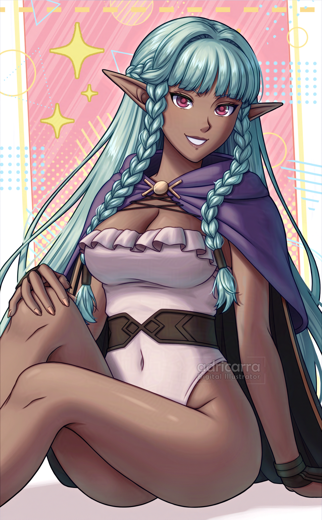 adricarra, rosalinde (unicorn overlord), unicorn overlord, highres, mixed-language commentary, 1girl, aqua hair, artist name, belt, black cape, braid, breasts, brown belt, cape, capelet, cleavage, covered navel, dark-skinned female, dark elf, dark skin, elf, fingernails, grin, highleg, highleg leotard, leotard, looking at viewer, medium breasts, pink nails, pointy ears, purple capelet, red eyes, sitting, smile, solo, thighs, twin braids, white leotard