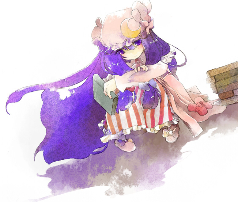 12-gatsu (kirin), asaginao (pixiv), kirin of december, patchouli knowledge, touhou, bad id, bad pixiv id, 1girl, book, female focus, hat, long hair, purple hair, ribbon, solo