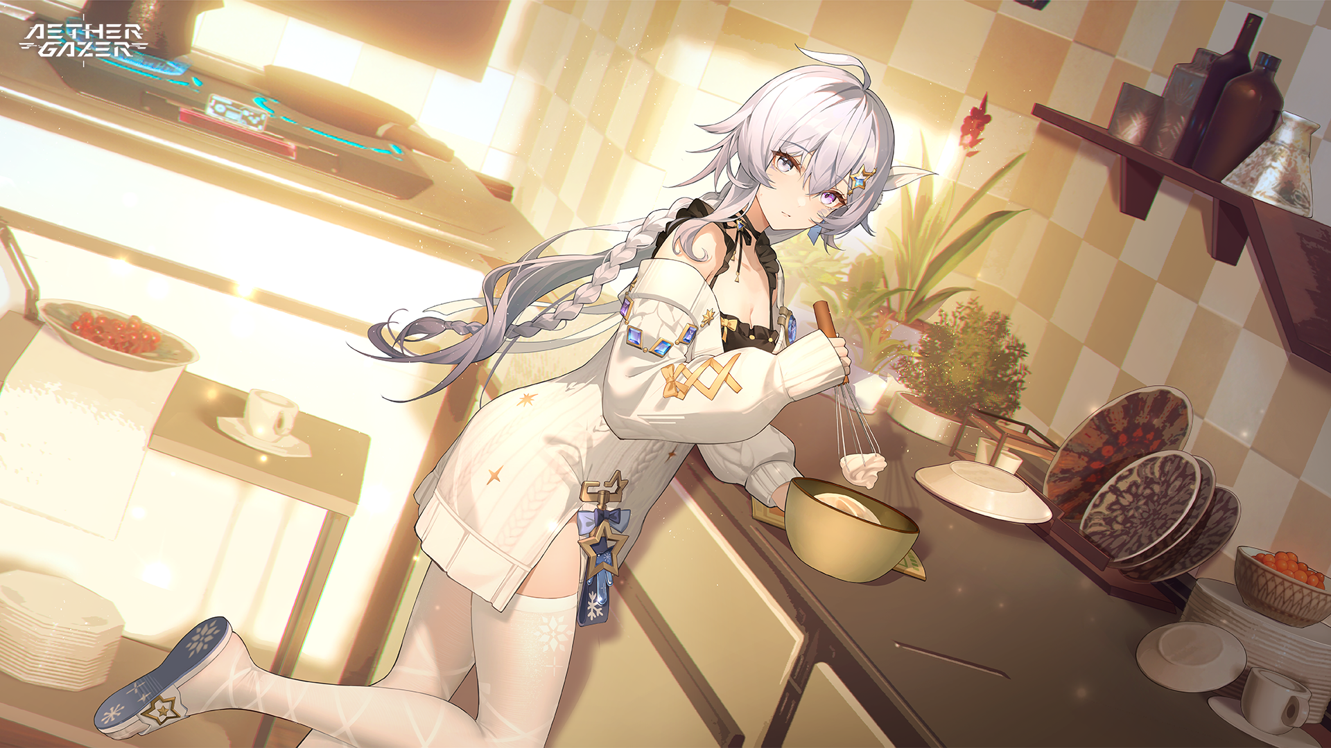 aether gazer, character request, copyright request, highres, official art, second-party source, 1girl, ahoge, bow, breasts, checkered wall, cleavage, closed mouth, copyright name, cup, food, grey eyes, grey hair, hair ornament, heterochromia, holding, holding whisk, kitchen, long braid, long hair, mixing bowl, plant, plate, potted plant, purple eyes, sleeves past wrists, solo, star (symbol), stove, thighhighs, tile wall, tiles, whisk, white thighhighs, yellow bow