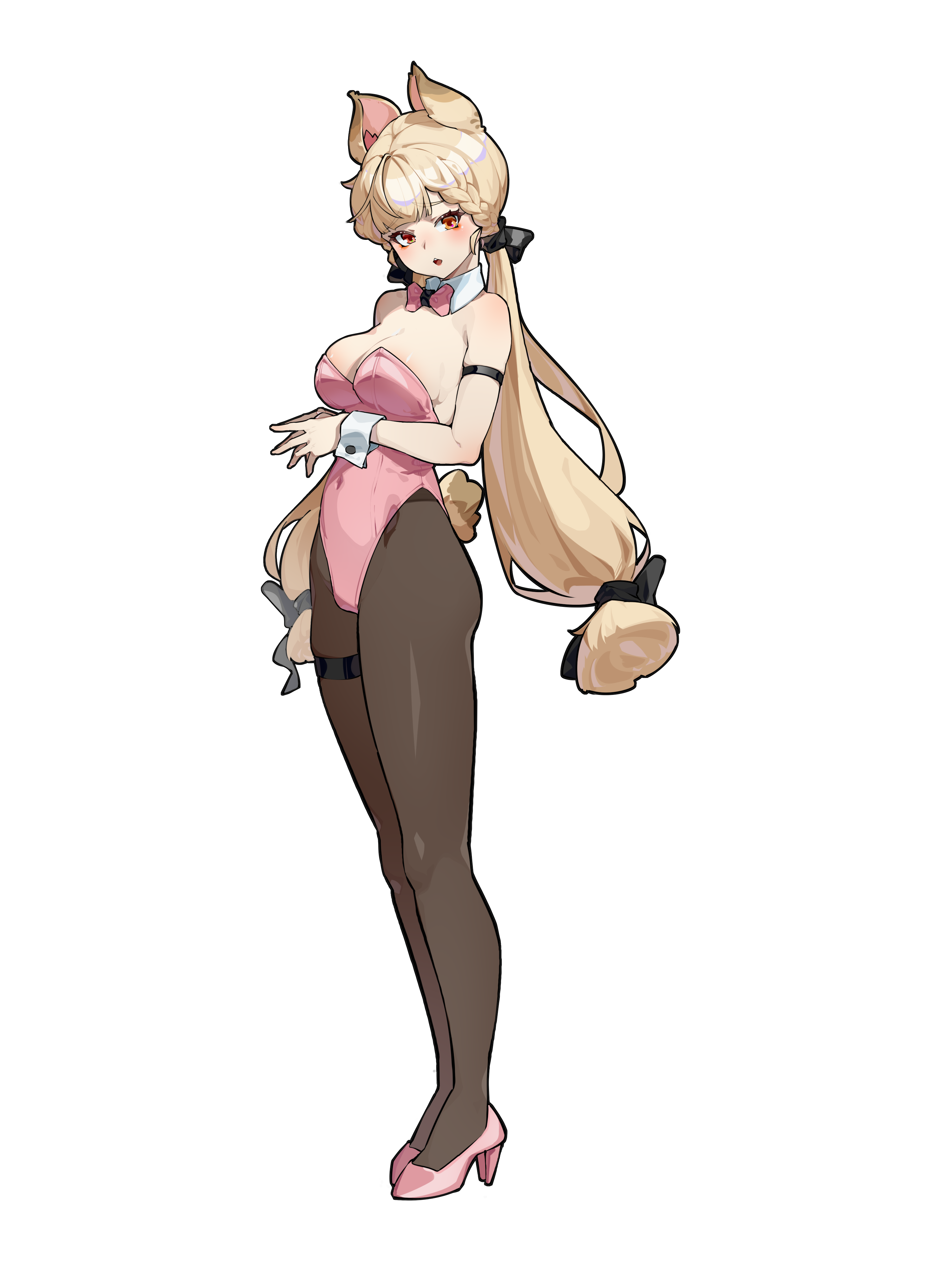 zhileng zhil, zenless zone zero, absurdres, highres, 1girl, animal ears, bare shoulders, black pantyhose, blonde hair, breasts, detached collar, large breasts, leotard, long hair, looking at viewer, low twintails, open mouth, pantyhose, pink leotard, playboy bunny, rabbit ears, red eyes, solo, standing, thigh strap, transparent background, twintails, very long hair, wrist cuffs