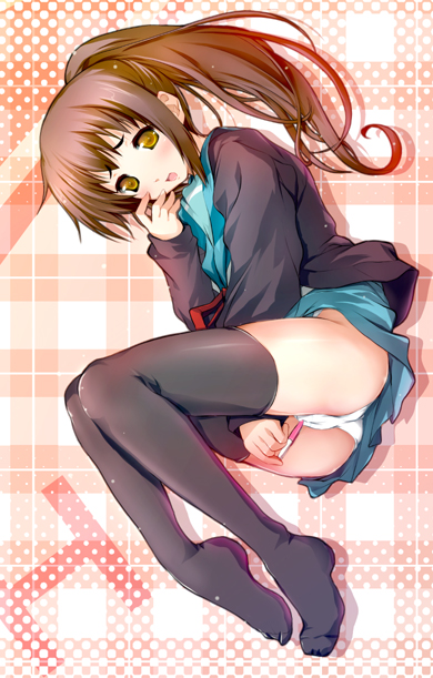 kashi, kyon, kyonko, suzumiya haruhi no yuuutsu, 00s, 1girl, ass, blush, brown eyes, brown hair, feet, female focus, female masturbation, genderswap, genderswap (mtf), long hair, lying, masturbation, on side, open mouth, panties, pen, ponytail, school uniform, serafuku, shadow, skirt, solo, thighhighs, trefoil, underwear, white panties, yellow eyes