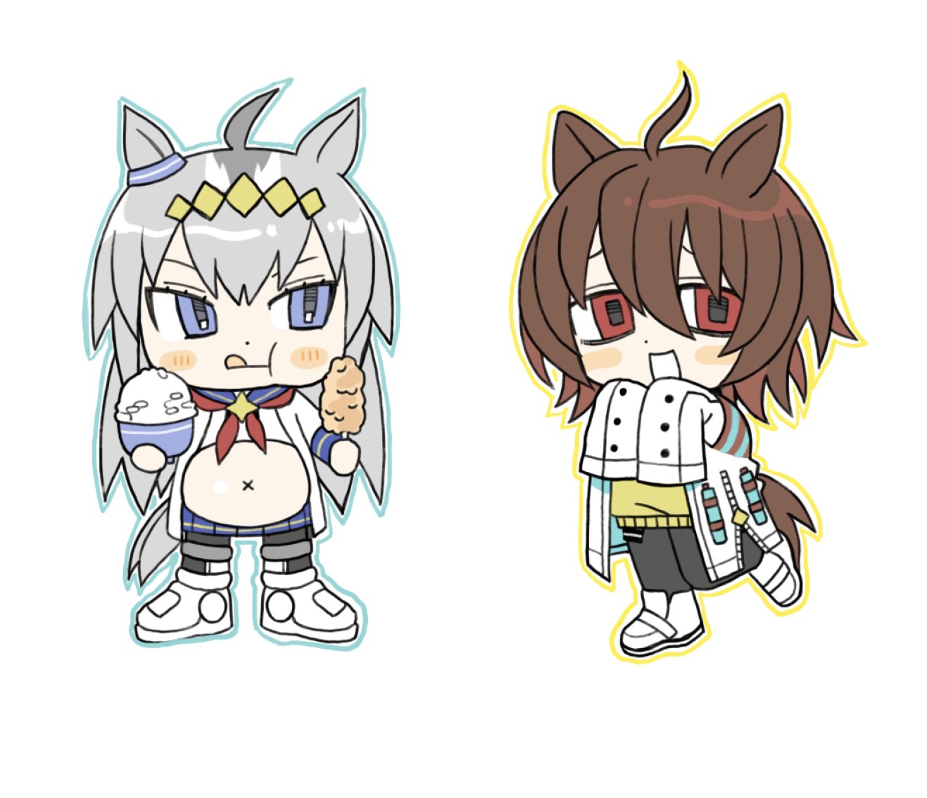 superfj47, agnes tachyon (tach-nology) (umamusume), agnes tachyon (umamusume), oguri cap (starlight beat) (umamusume), oguri cap (umamusume), umamusume, commentary, 2girls, ahoge, animal ears, blue eyes, blush stickers, bowl, brown hair, chibi, coat, food, full body, full stomach, grey hair, hairband, holding, holding food, horse ears, horse girl, horse tail, licking lips, long hair, looking to the side, multiple girls, neckerchief, open mouth, pantyhose, pleated skirt, red eyes, rice bowl, sailor collar, skirt, sleeves past fingers, sleeves past wrists, smile, standing, standing on one leg, stomach, sweater, tail, tongue, tongue out, very long hair, x navel