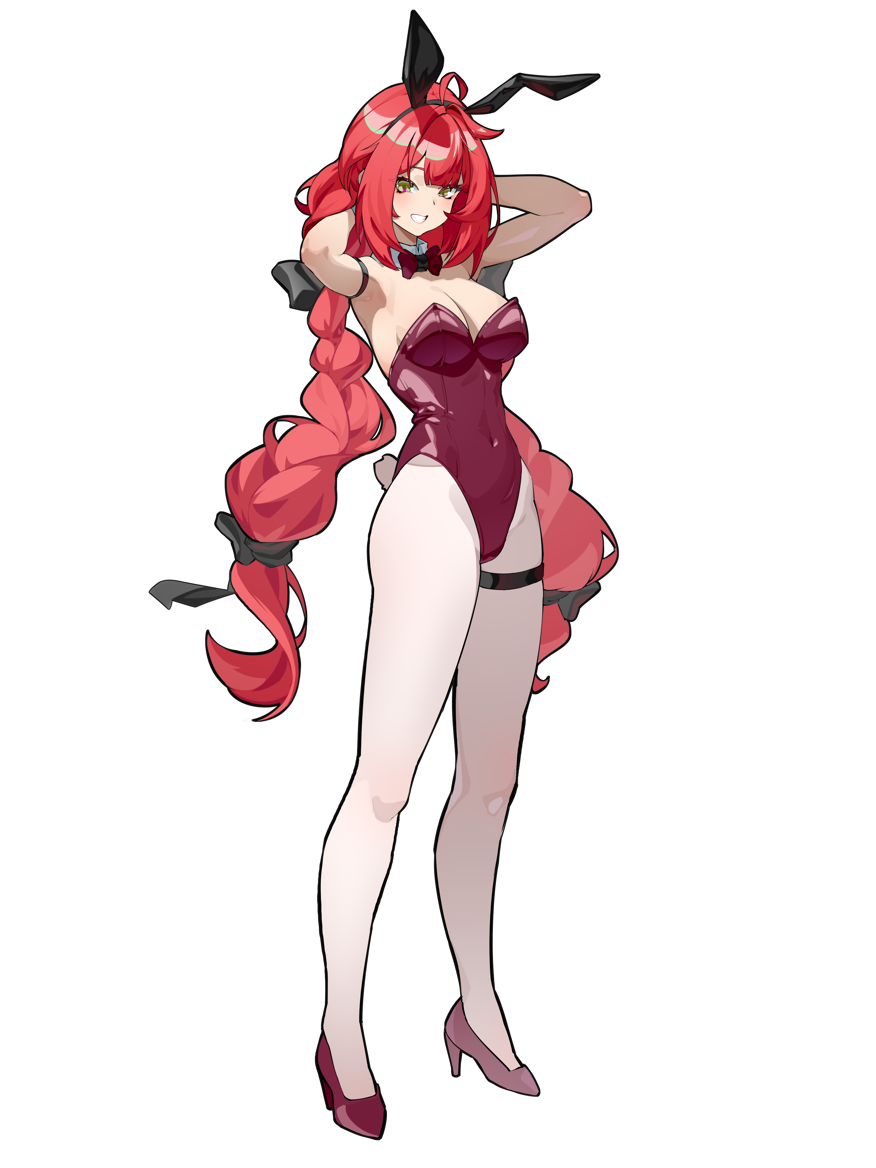 zhileng zhil, ukinami yuzuha, zenless zone zero, absurdres, highres, 1girl, animal ears, bare shoulders, breasts, detached collar, leotard, long hair, looking at viewer, low twintails, medium breasts, open mouth, pantyhose, playboy bunny, purple leotard, rabbit ears, red hair, solo, standing, thigh strap, transparent background, twintails, very long hair, white pantyhose, wrist cuffs, yellow eyes