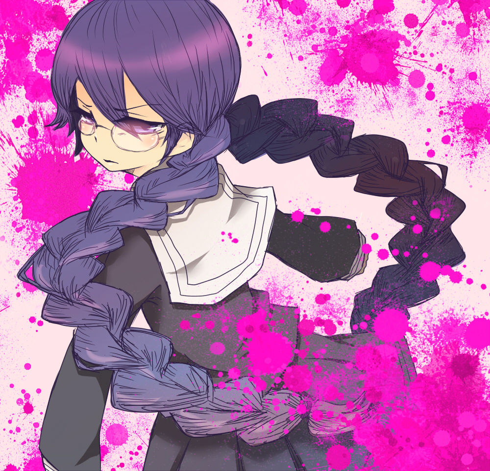 suiran (suiran27), fukawa toko, danganronpa: trigger happy havoc, danganronpa (series), commentary request, 1girl, black shirt, black skirt, blood, blood splatter, braid, glasses, long hair, long sleeves, looking back, pink blood, purple eyes, purple hair, shirt, skirt, solo, twin braids, twintails