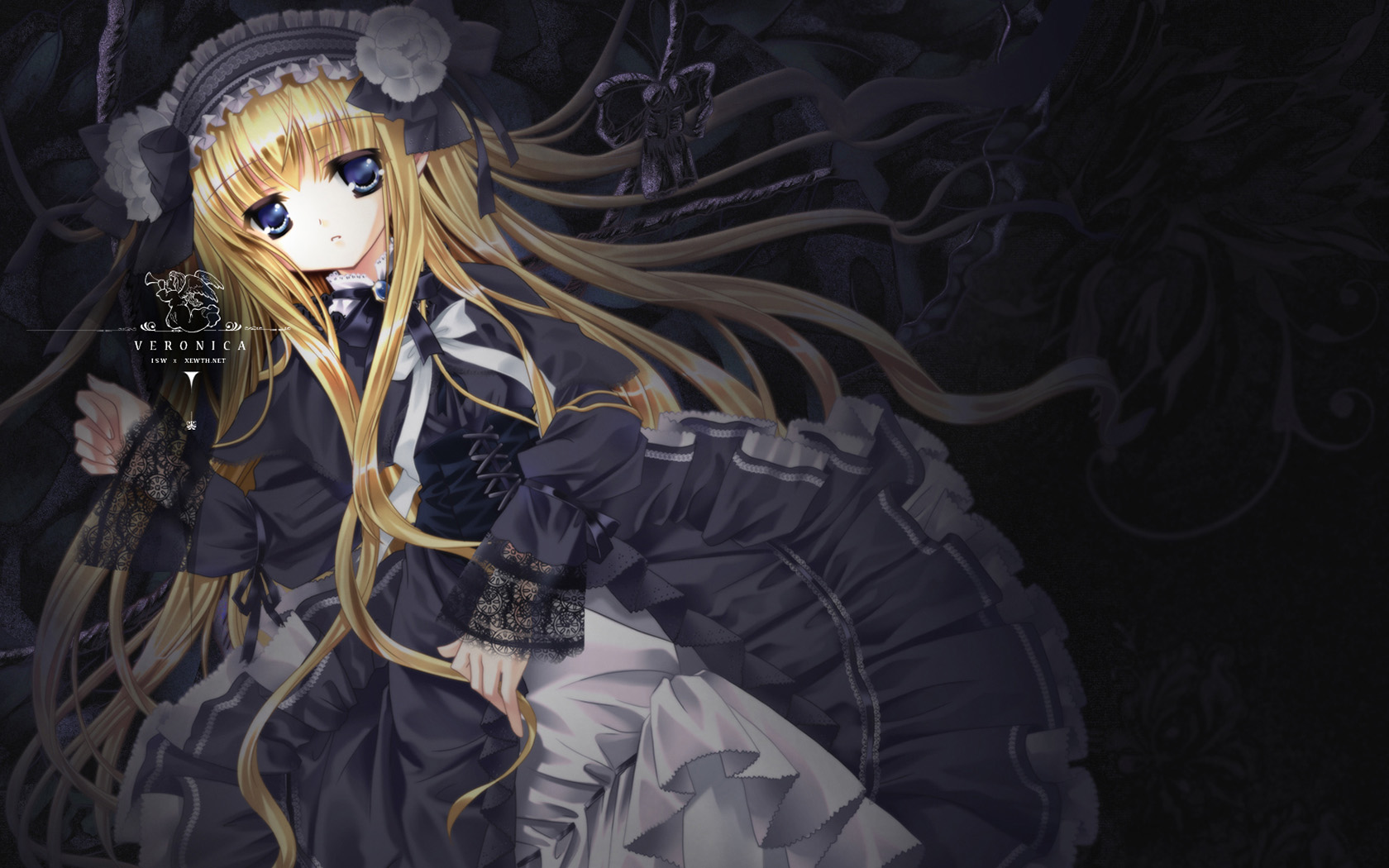 highres, 1girl, black dress, blonde hair, blue eyes, choker, corset, dress, female focus, gothic lolita, lolita fashion, long hair, lying, solo