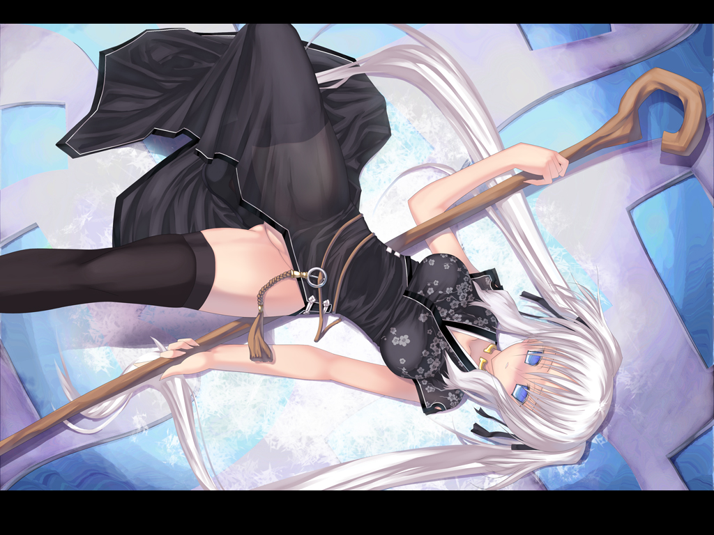 coffee cat, nao (mabinogi), mabinogi, 1girl, blue eyes, china dress, chinese clothes, dress, female focus, hair ribbon, letterboxed, long hair, lying, no panties, ribbon, see-through clothes, solo, staff, thighhighs, twintails, very long hair, white hair