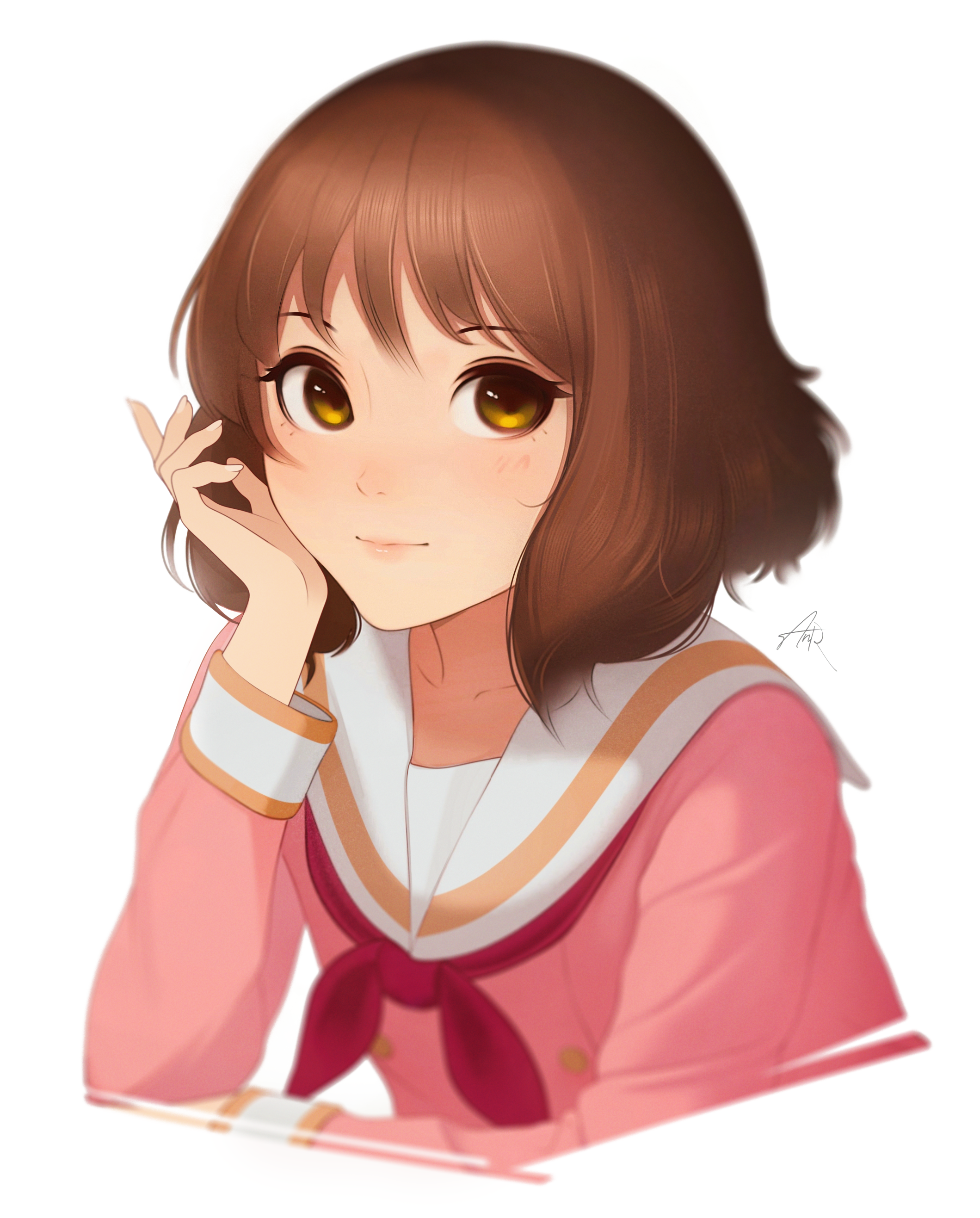 hanr10, oumae kumiko, hibike! euphonium, absurdres, commentary, highres, 1girl, brown eyes, brown hair, hand on own cheek, hand on own face, light smile, long sleeves, looking at viewer, medium hair, neckerchief, pink shirt, red neckerchief, school uniform, serafuku, shirt, signature, simple background, solo, upper body, white background
