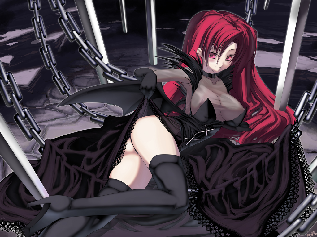 coffee cat, succubus (mabinogi), mabinogi, 1girl, bat wings, boots, breasts, chain, cleavage, clothes lift, covered erect nipples, demon girl, female focus, large breasts, long hair, lying, red eyes, red hair, see-through clothes, skirt, skirt lift, solo, sword, thigh boots, thighhighs, weapon, wings