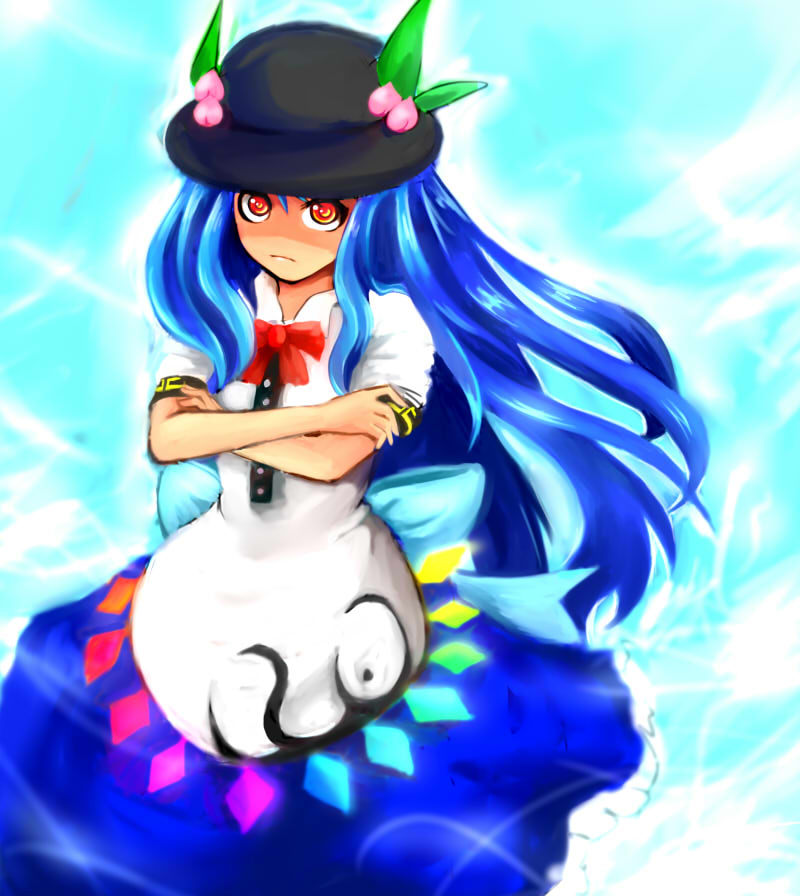 enisuke, hinanawi tenshi, touhou, 1girl, blue hair, female focus, food, fruit, hat, long hair, peach, ribbon, solo, standing