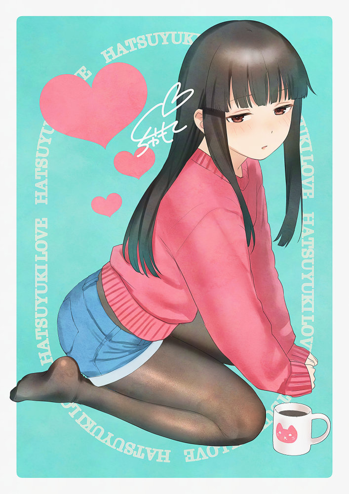 sakiecho, hatsuyuki (kancolle), kantai collection, commentary request, 1girl, black hair, black pantyhose, blush, character name, cup, denim, denim shorts, feet, half-closed eyes, heart, hime cut, legs, long hair, long sleeves, looking at viewer, mug, no shoes, pantyhose, parted lips, red sweater, short shorts, shorts, signature, sitting, sleeves past wrists, soles, solo, sweater