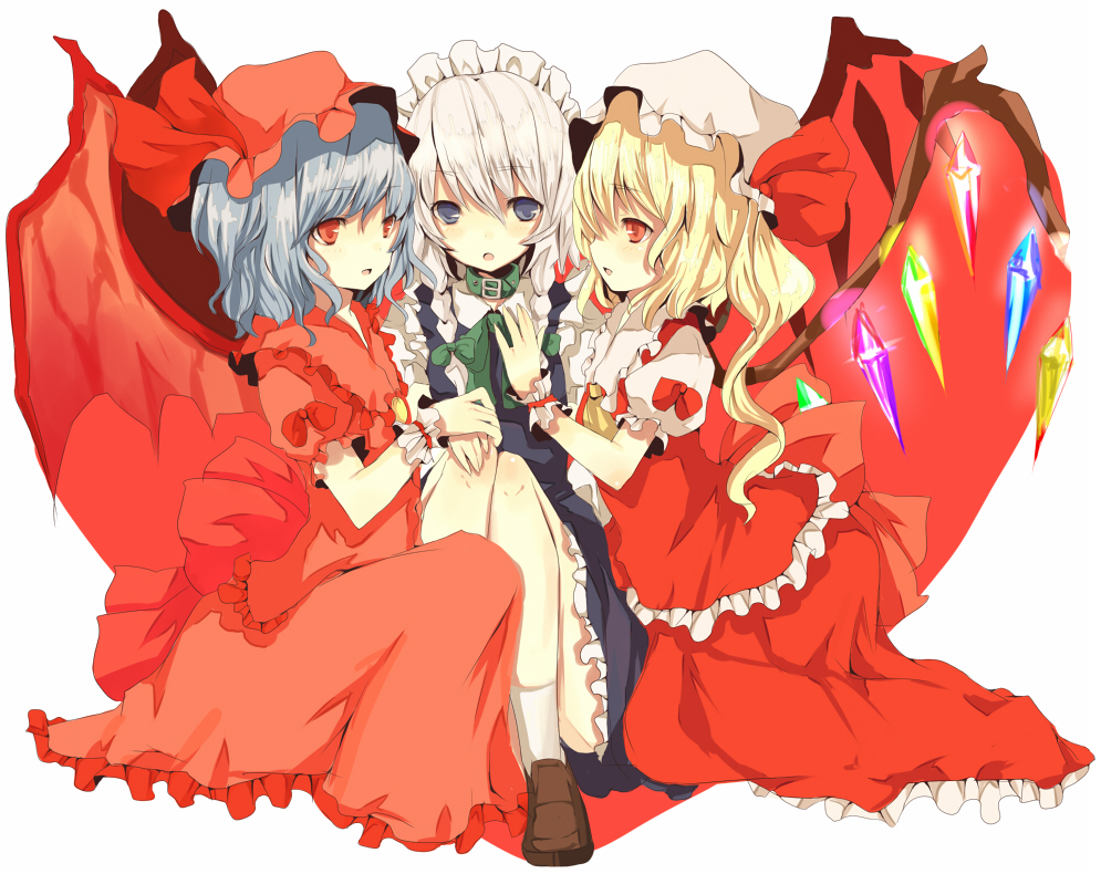 tetsuo (tashirosu), flandre scarlet, izayoi sakuya, remilia scarlet, touhou, bad id, bad pixiv id, 3girls, female focus, hat, maid, mob cap, multiple girls, ponytail, ribbon, short hair, wings