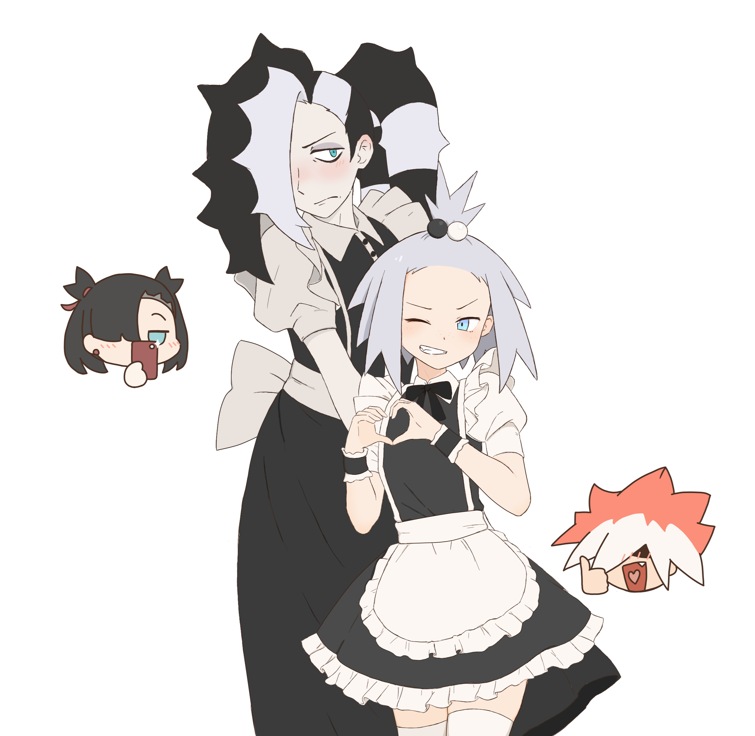 jiang jiang (swpv5248), marnie (pokemon), piers (pokemon), roxie (pokemon), ryuki (pokemon), nintendo, pokemon, pokemon bw2, pokemon sm, pokemon swsh, highres, 2boys, 2girls, alternate costume, apron, black dress, blue eyes, chibi, collared dress, dress, enmaided, grey hair, grin, hair bobbles, hair ornament, hands up, heart, heart hands, long hair, maid, multicolored hair, multiple boys, multiple girls, one eye closed, short sleeves, simple background, smile, teeth, thighhighs, topknot, two-tone hair, waist apron, white apron, white background, white thighhighs, wrist cuffs