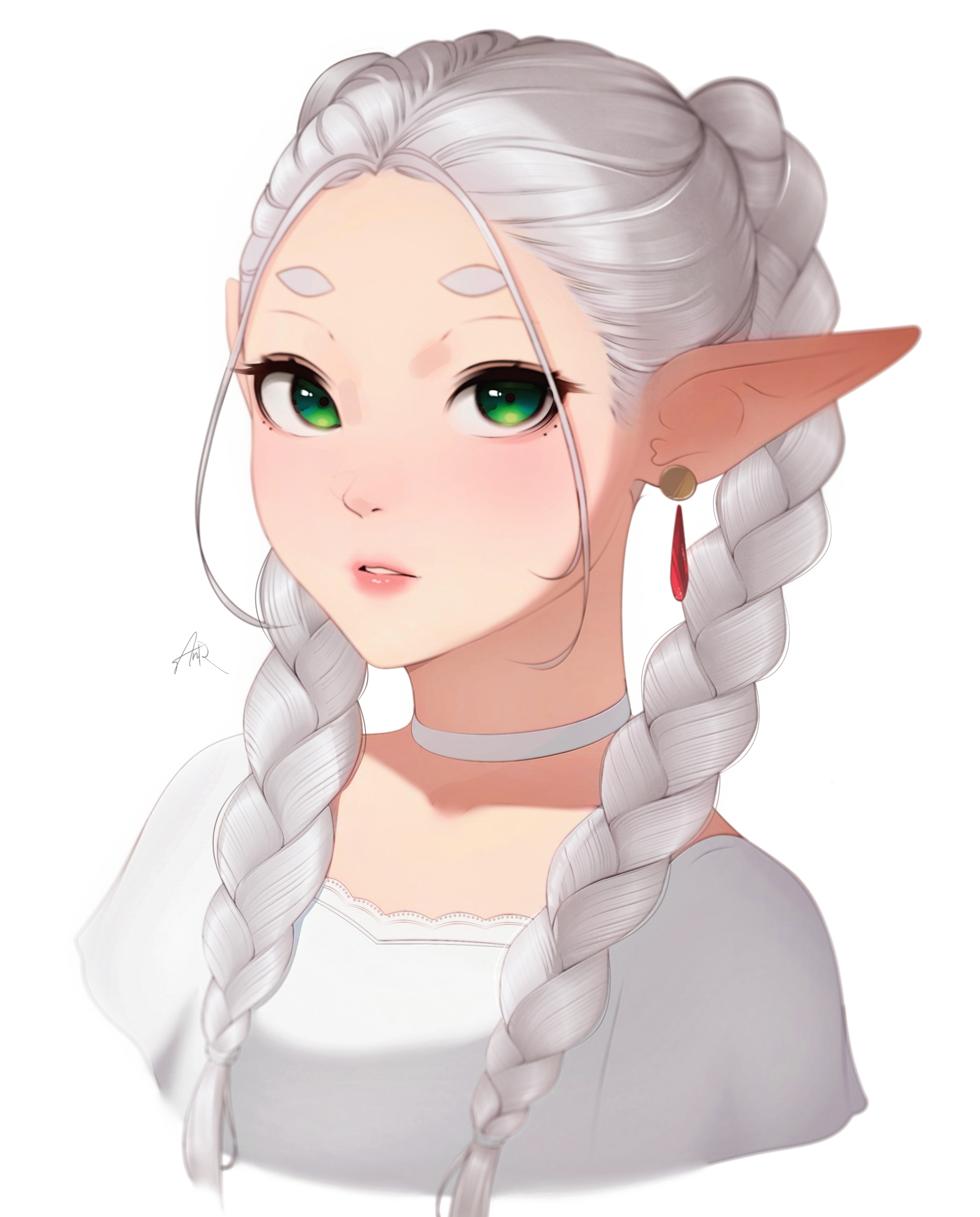 hanr10, frieren, sousou no frieren, absurdres, commentary, highres, 1girl, alternate hairstyle, braid, choker, collarbone, earrings, elf, forehead, green eyes, jewelry, long hair, long pointy ears, looking at viewer, parted lips, pointy ears, shirt, simple background, solo, twin braids, upper body, white background, white choker, white hair, white shirt