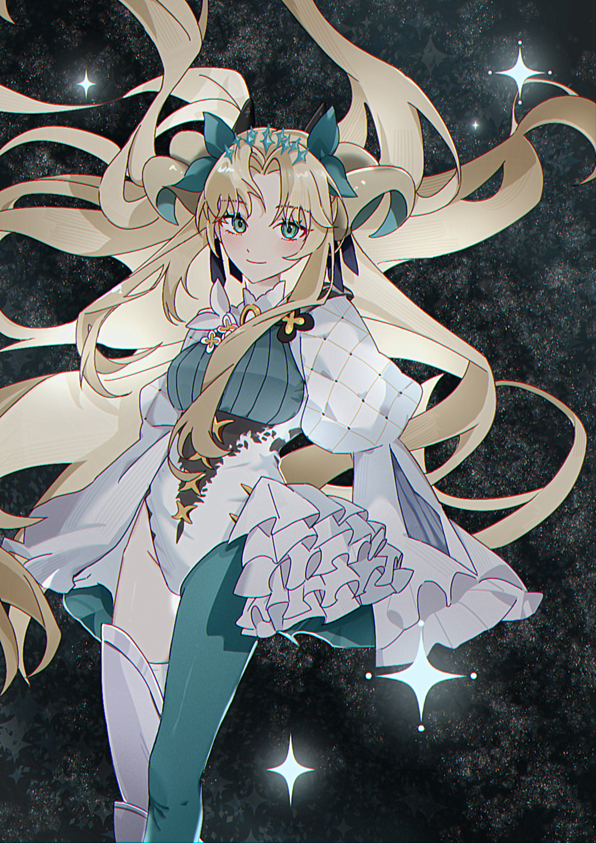 bu-chan, ereshkigal (fate), space ereshkigal (fate), fate/grand order, fate (series), commentary request, highres, 1girl, aqua eyes, blonde hair, blue ribbon, blush, closed mouth, floating hair, hair ribbon, horns, long hair, looking at viewer, parted bangs, ribbon, smile, solo, swimsuit, two side up