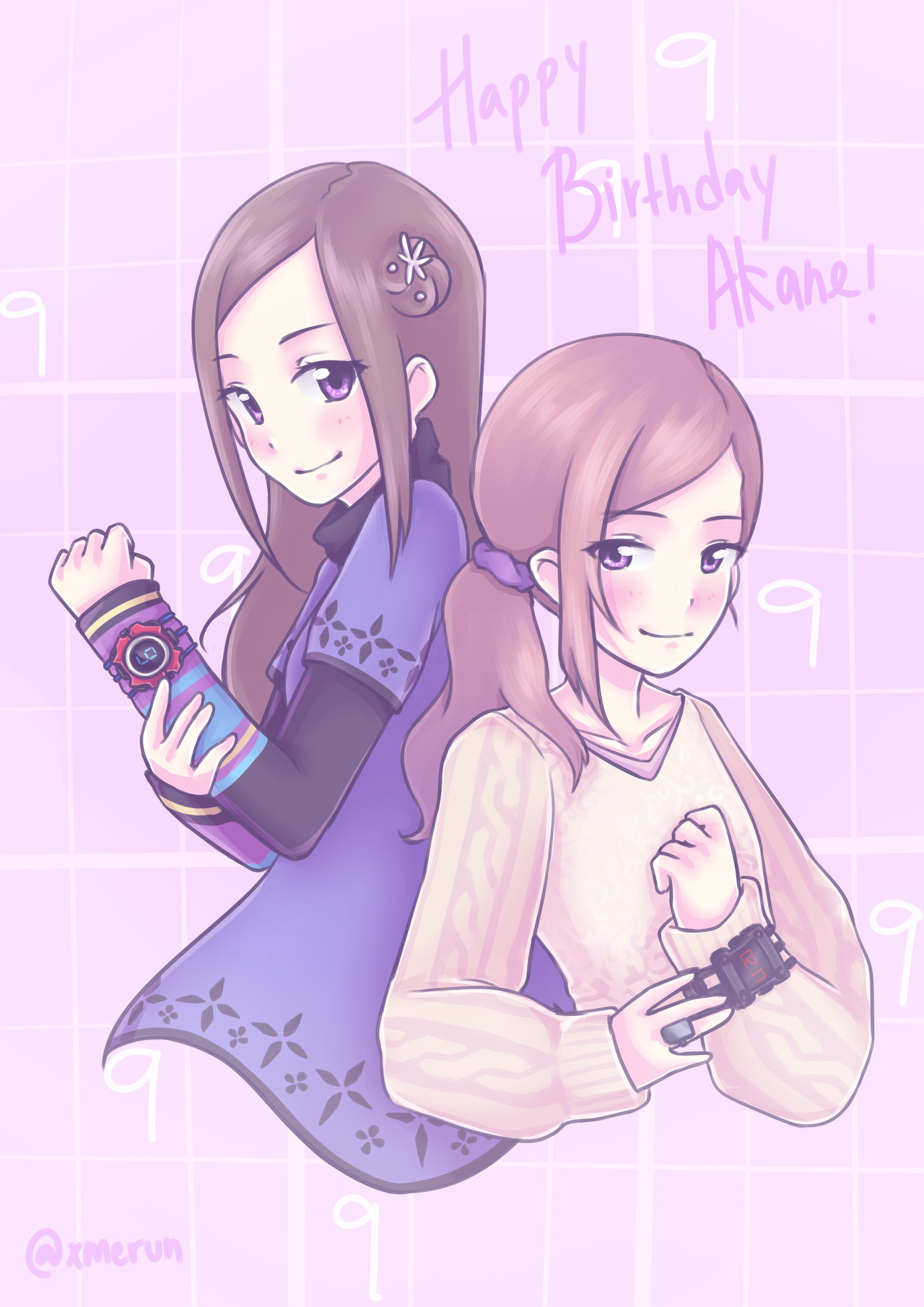 kurashiki akane, kyokugen dasshutsu, kyokugen dasshutsu: 9 jikan 9 nin 9 no tobira, zero escape: toki no dilemma, commentary, english commentary, highres, third-party source, 2girls, blush, brown hair, cable knit, character name, closed mouth, cropped torso, dress, dual persona, english text, eyelashes, hair bun, happy birthday, long hair, long sleeves, multiple girls, purple dress, purple eyes, side ponytail, single side bun, smile, watch, wristwatch, zana-kun