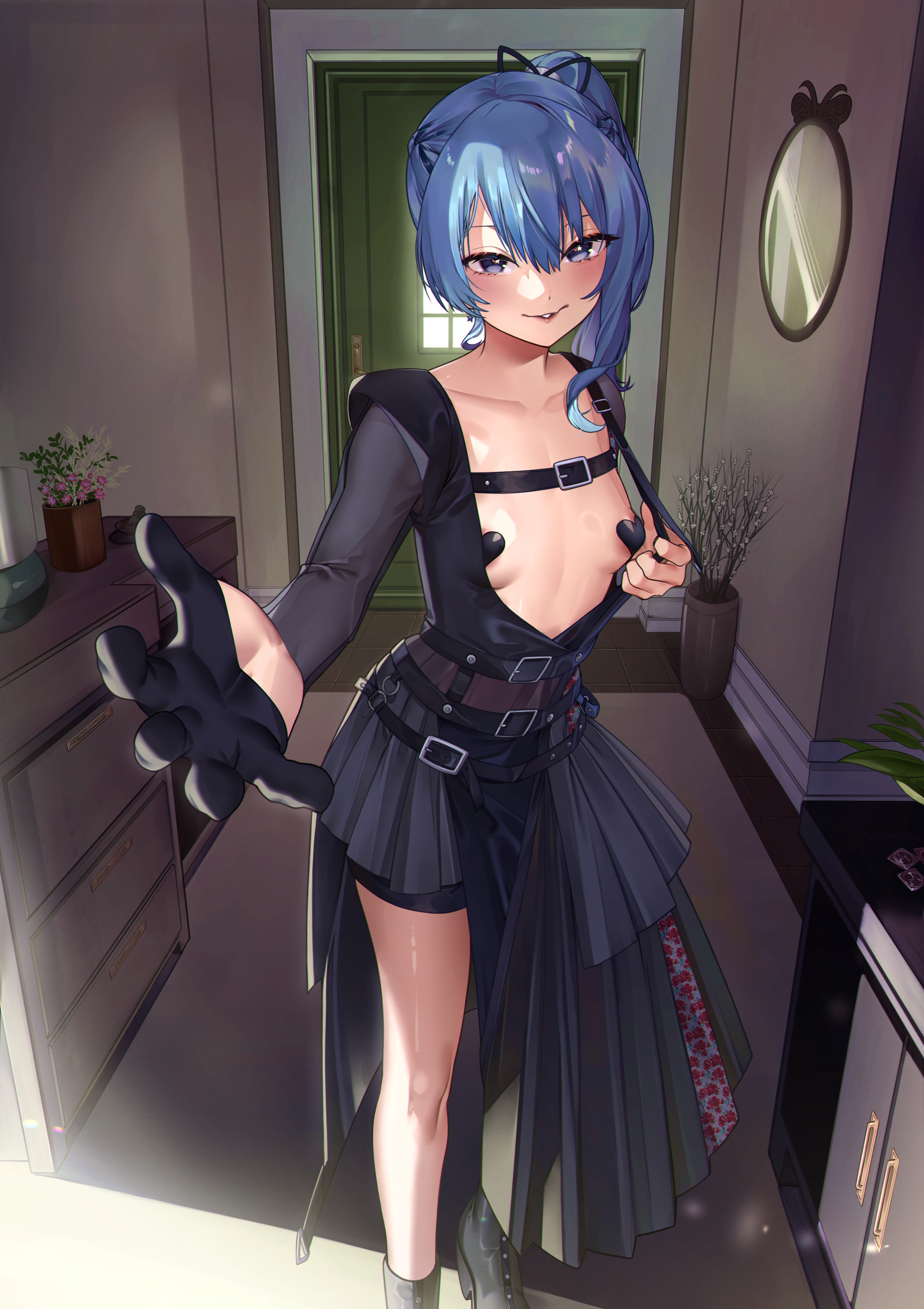 eredhen, hoshimachi suisei, hoshimachi suisei (shout in crisis), hololive, absurdres, commentary, highres, 1girl, areola slip, black boots, black gloves, black shirt, black shorts, black skirt, blue eyes, blue hair, boots, breasts, chest harness, double-parted bangs, gloves, hair between eyes, hair ribbon, half gloves, harness, heart pasties, high heel boots, high heels, indoors, large areolae, layered skirt, long hair, looking at viewer, no bra, official alternate costume, official alternate hairstyle, open clothes, open shirt, overskirt, pasties, pleated skirt, ponytail, reaching, reaching towards viewer, ribbon, see-through clothes, see-through sleeves, shirt, shorts, sidelocks, single glove, skirt, small breasts, solo, standing, star (symbol), star in eye, symbol in eye, virtual youtuber