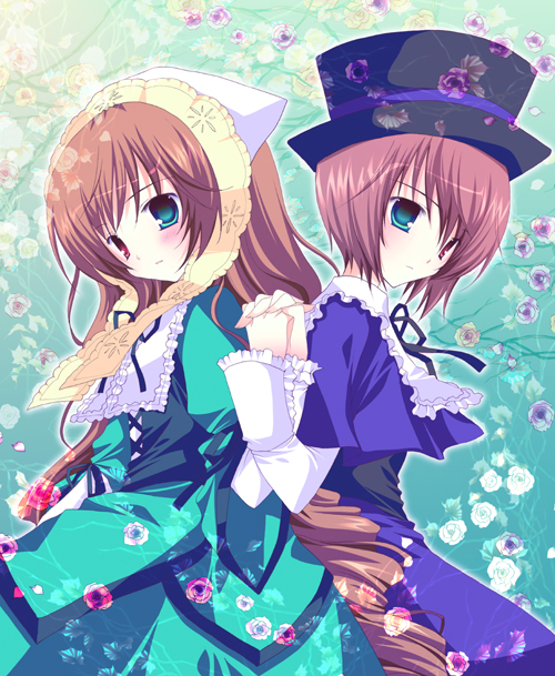 shirogane hina, souseiseki, suiseiseki, rozen maiden, 00s, 2girls, brown hair, hat, headscarf, heterochromia, holding hands, multiple girls, siblings, sisters, top hat, twins, white headscarf